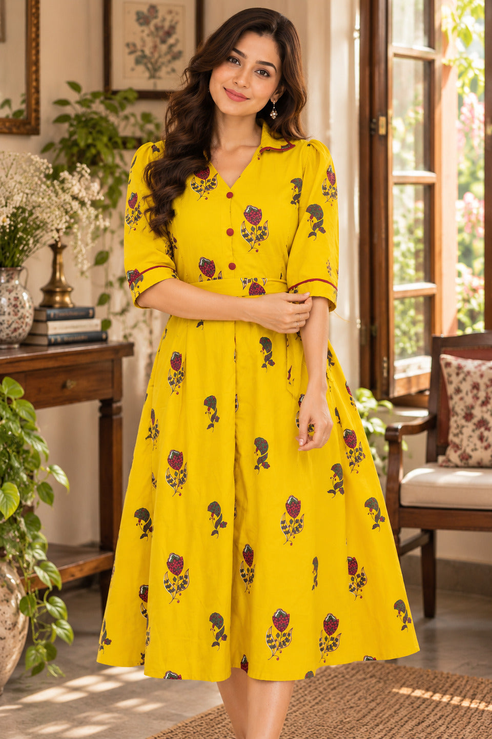 Women's Yellow Lapel Collar Dress