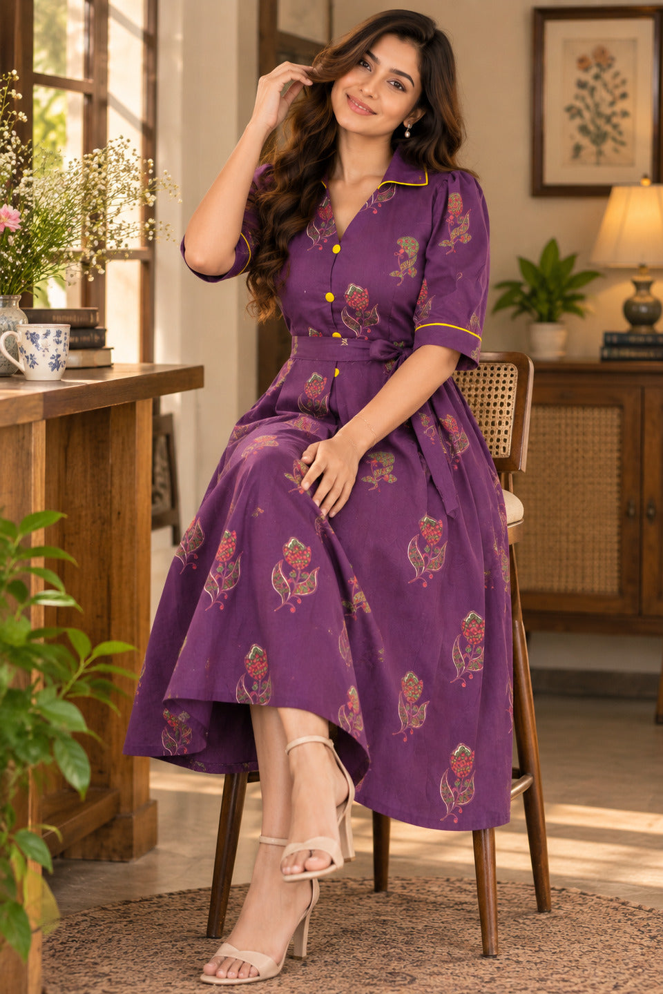 Women's Purple Lapel Collar Dress