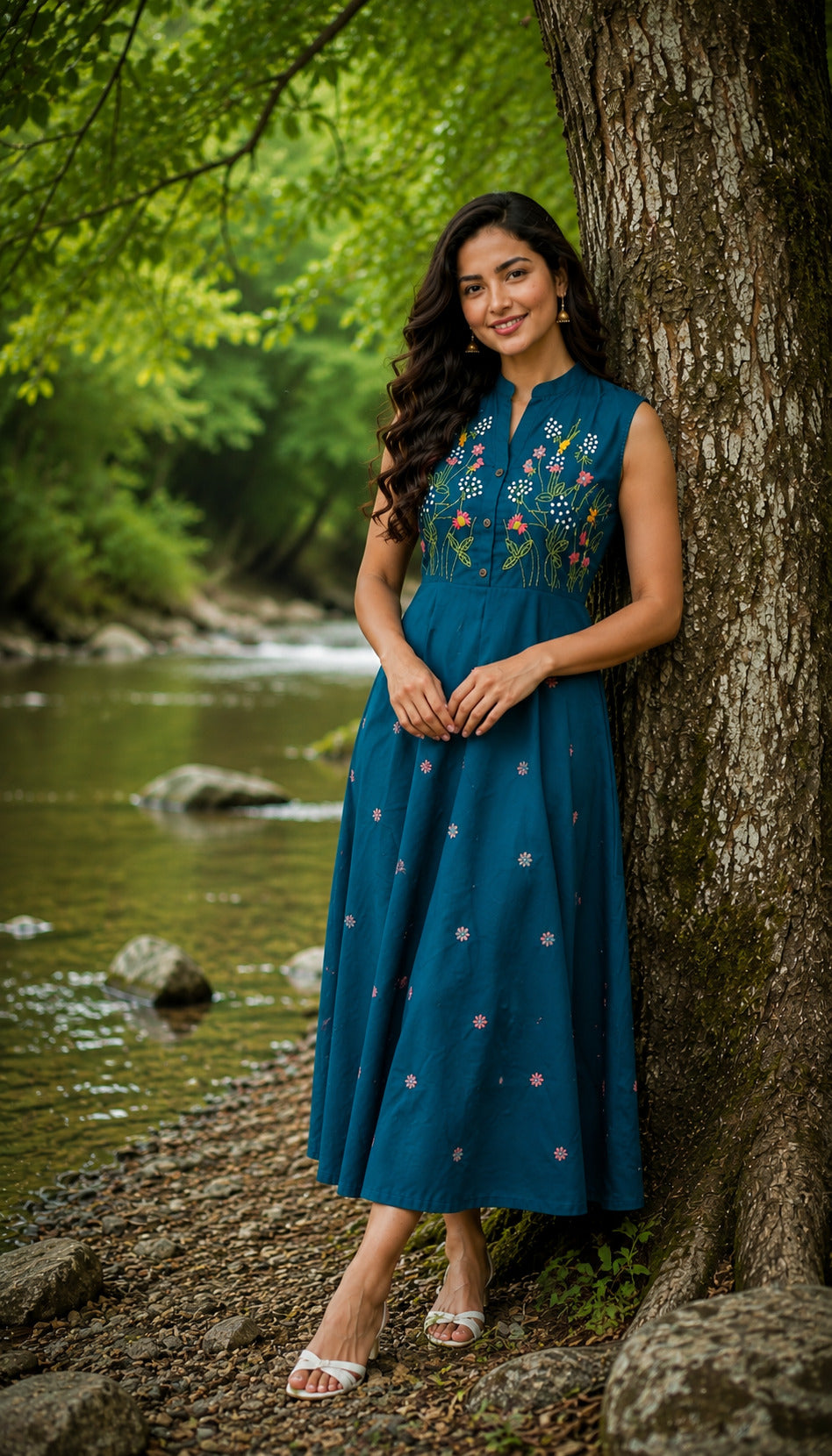 Women's Blue Floral Embroidered Halterneck Dress