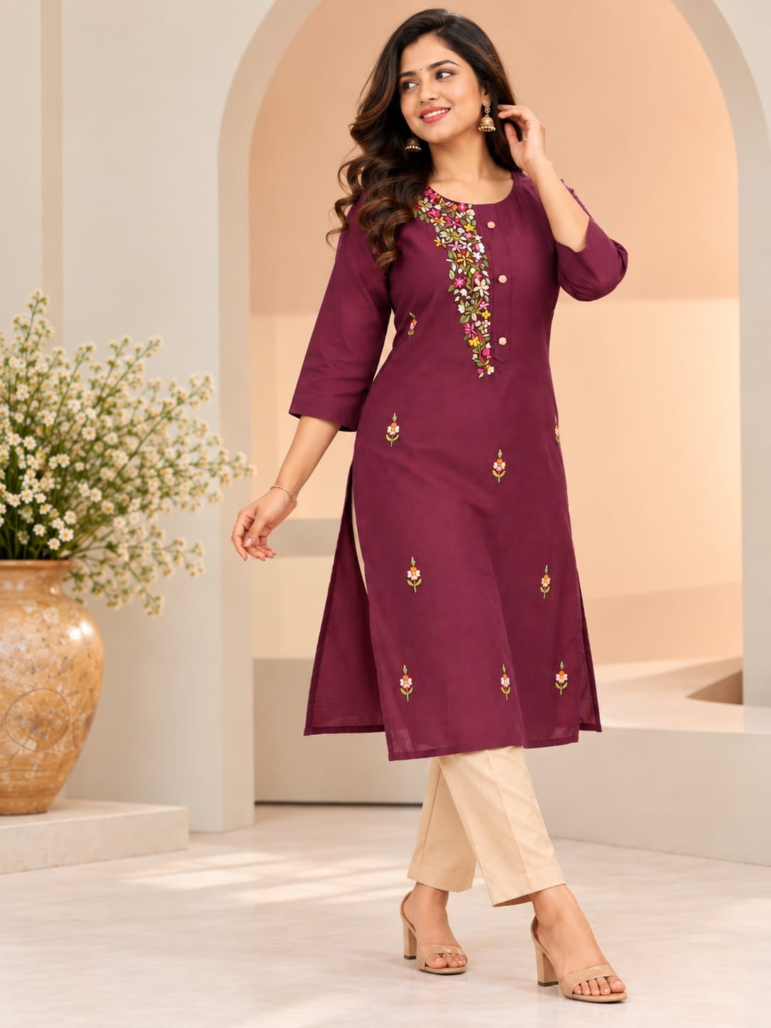 Women's Purple Threadwork Kurti