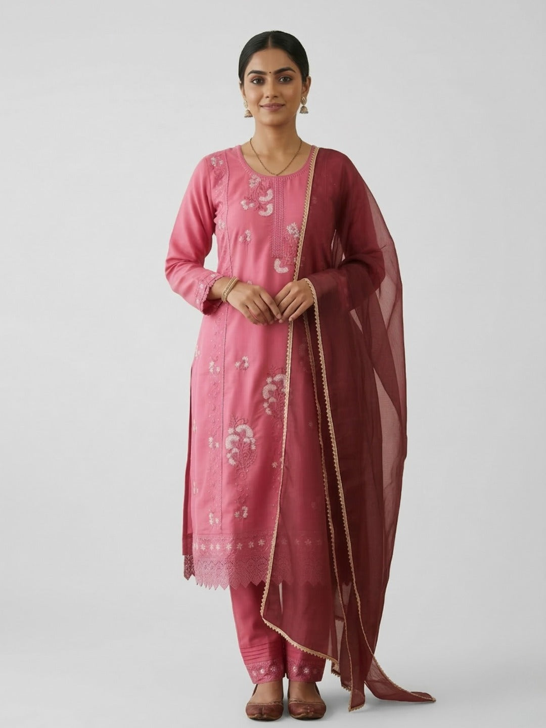 Three images of women's pink kurti pant set with dupatta featuring thread work, by Crazy Needle Online.