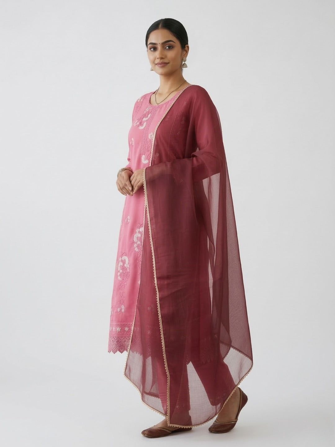 Three images of a women's pink kurti pant set with dupatta by Crazy Needle Online, showcasing the fabric, design, and styling details.