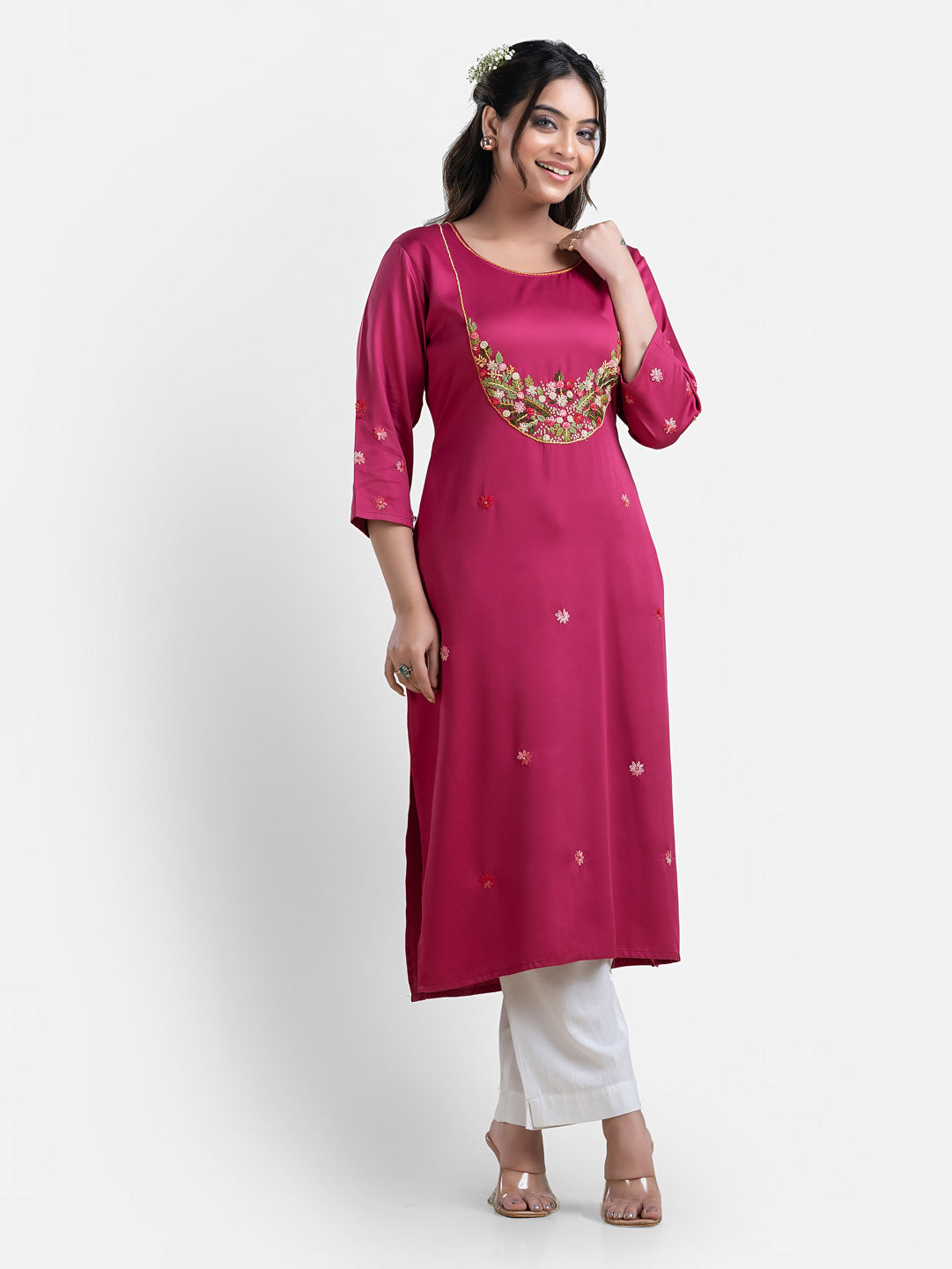 Women's 3/4th Sleeves Thread Work Pink Kurti