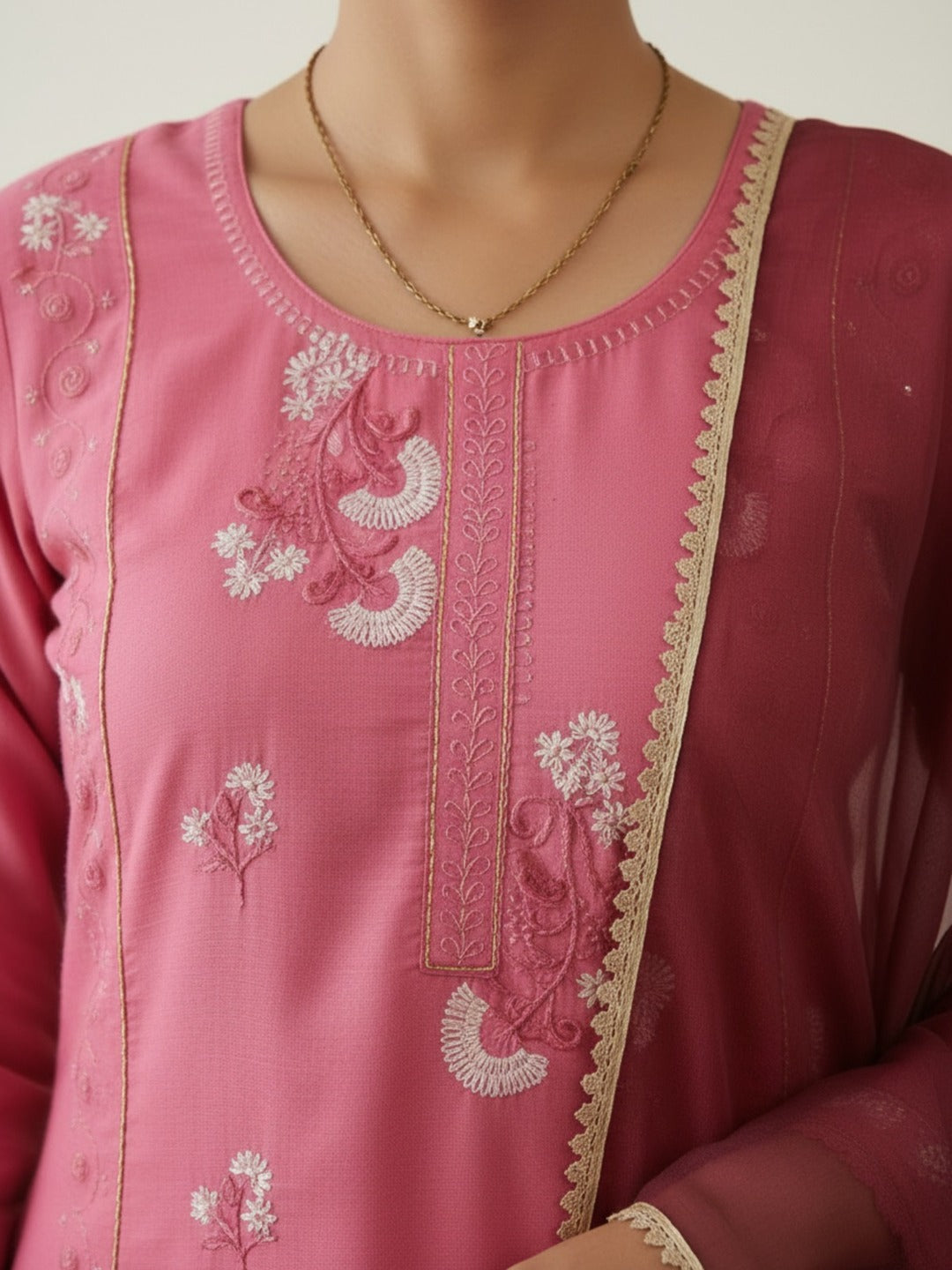 Women's pink thread work kurti pant set with dupatta, featuring intricate embroidery and traditional design from Crazy Needle Online.