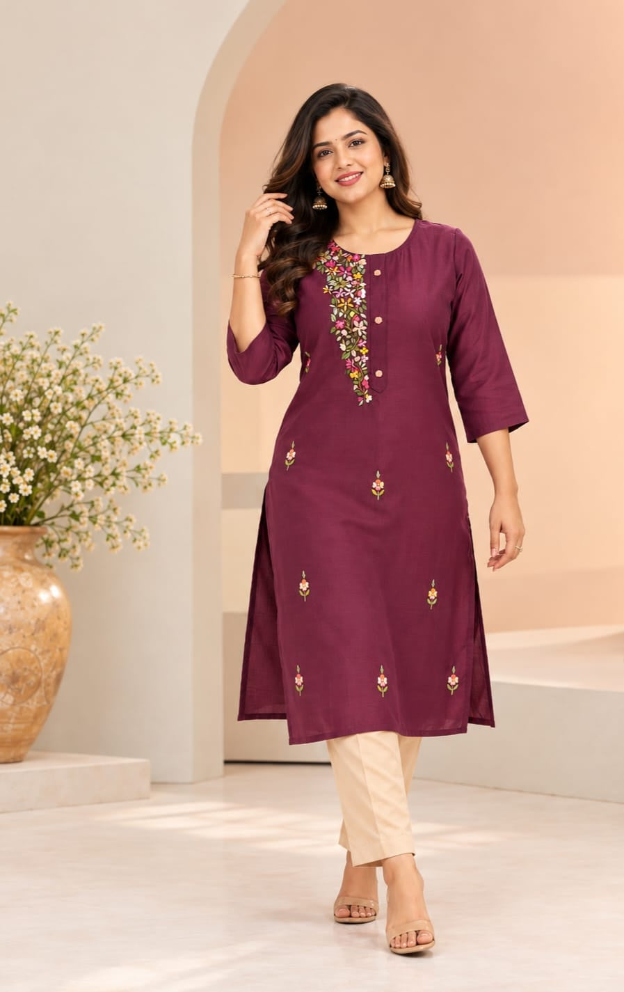 Women's Purple Threadwork Kurti