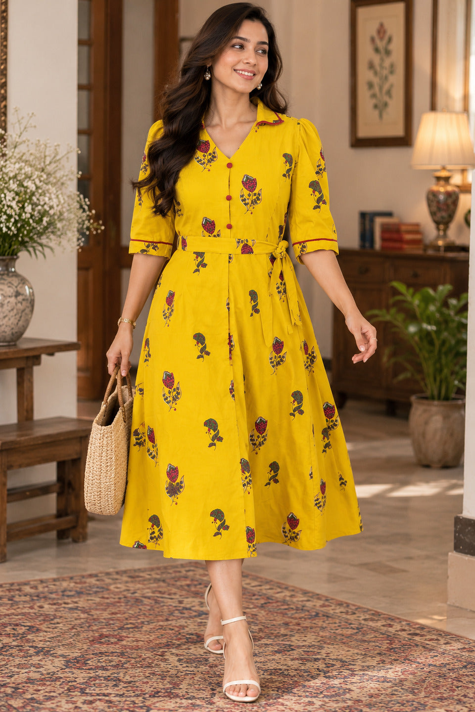 Women's Yellow Lapel Collar Dress