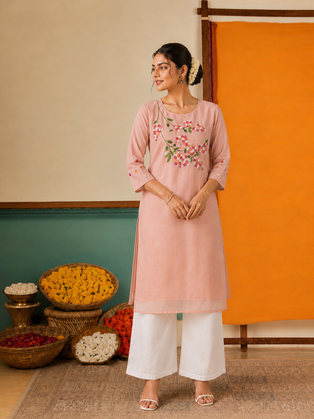 Women's Floral Embroidered Peach Kurta