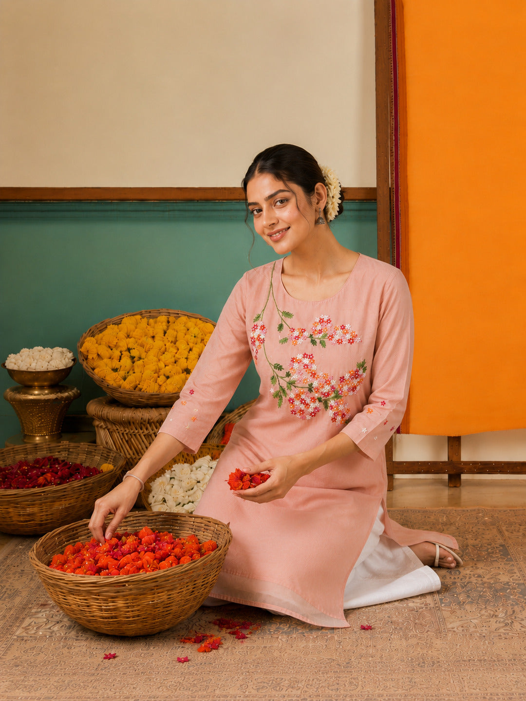 Women's Floral Embroidered Peach Kurta