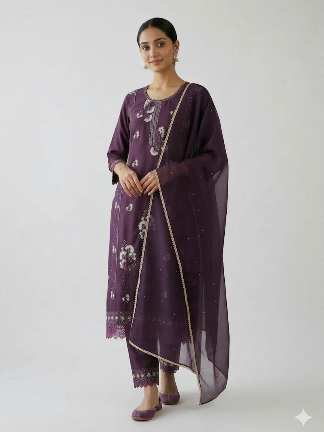 Women's Thread work Purple kurti Pant set With Dupatta - Crazy Needle Online