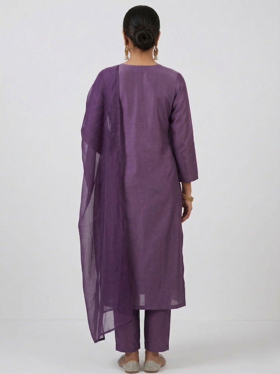 Women's purple thread work kurti and pant set with matching dupatta, featuring intricate embroidery, by Crazy Needle Online.
