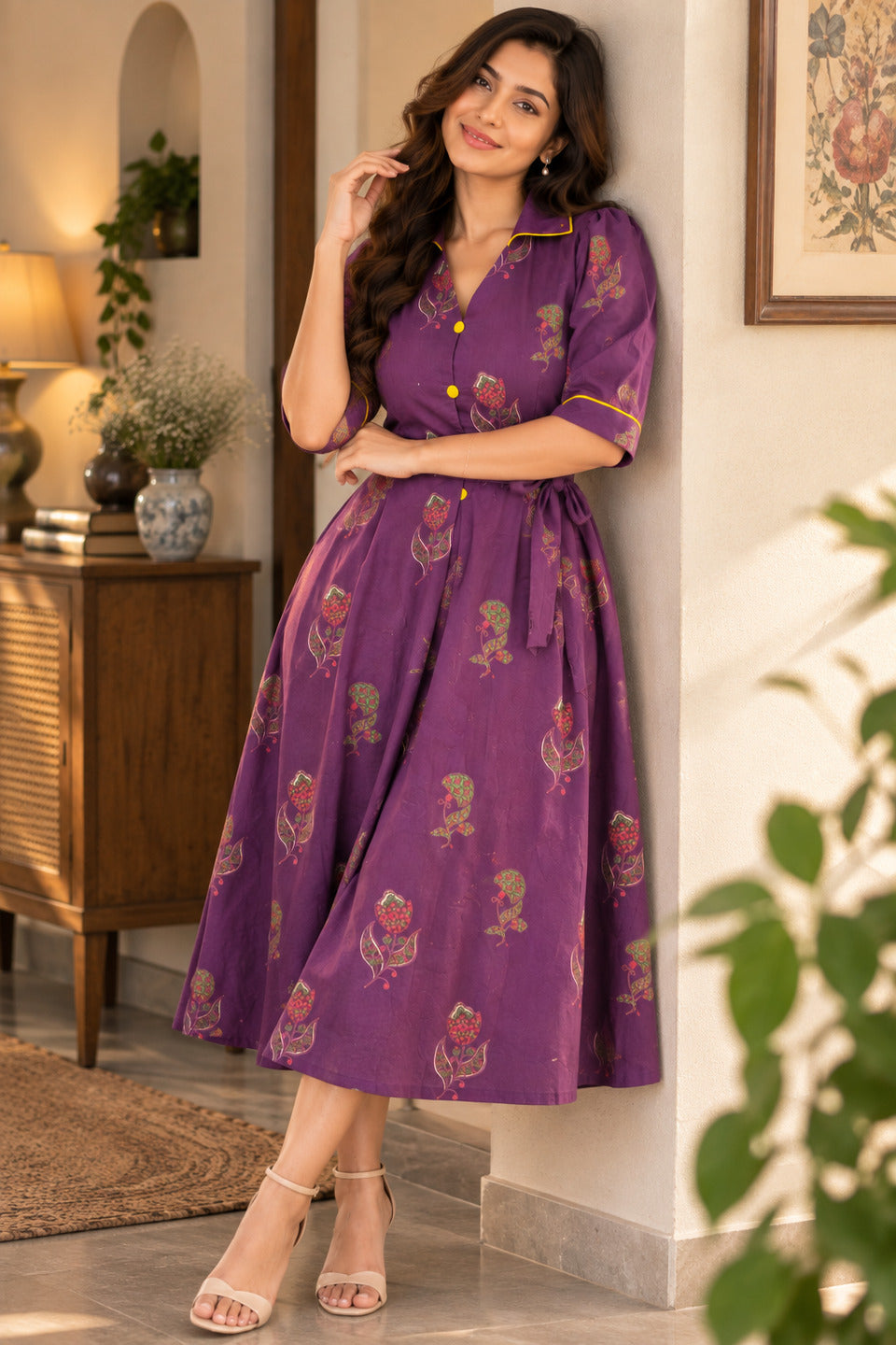 Women's Purple Lapel Collar Dress