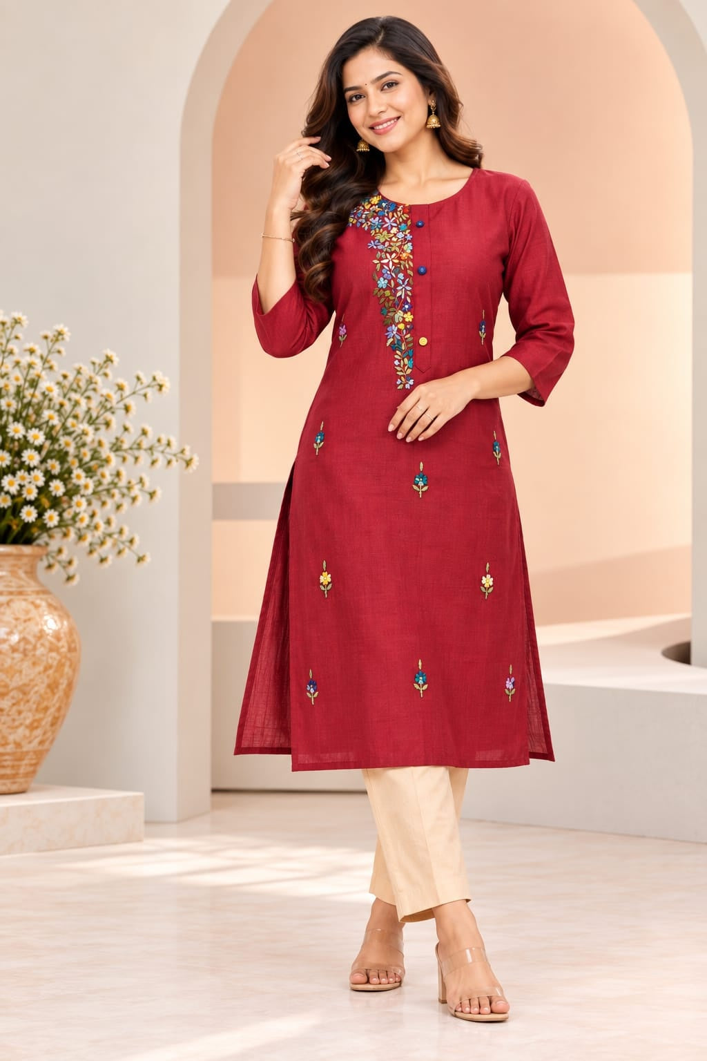 Women's Red Threadwork Kurti