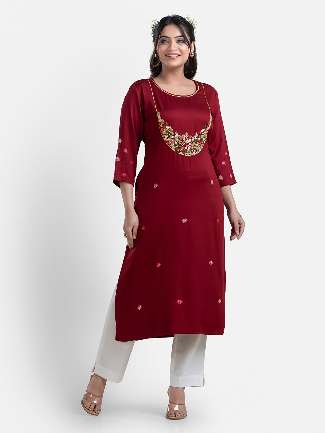 Women's 3/4th Sleeves Thread Work Maroon Kurti