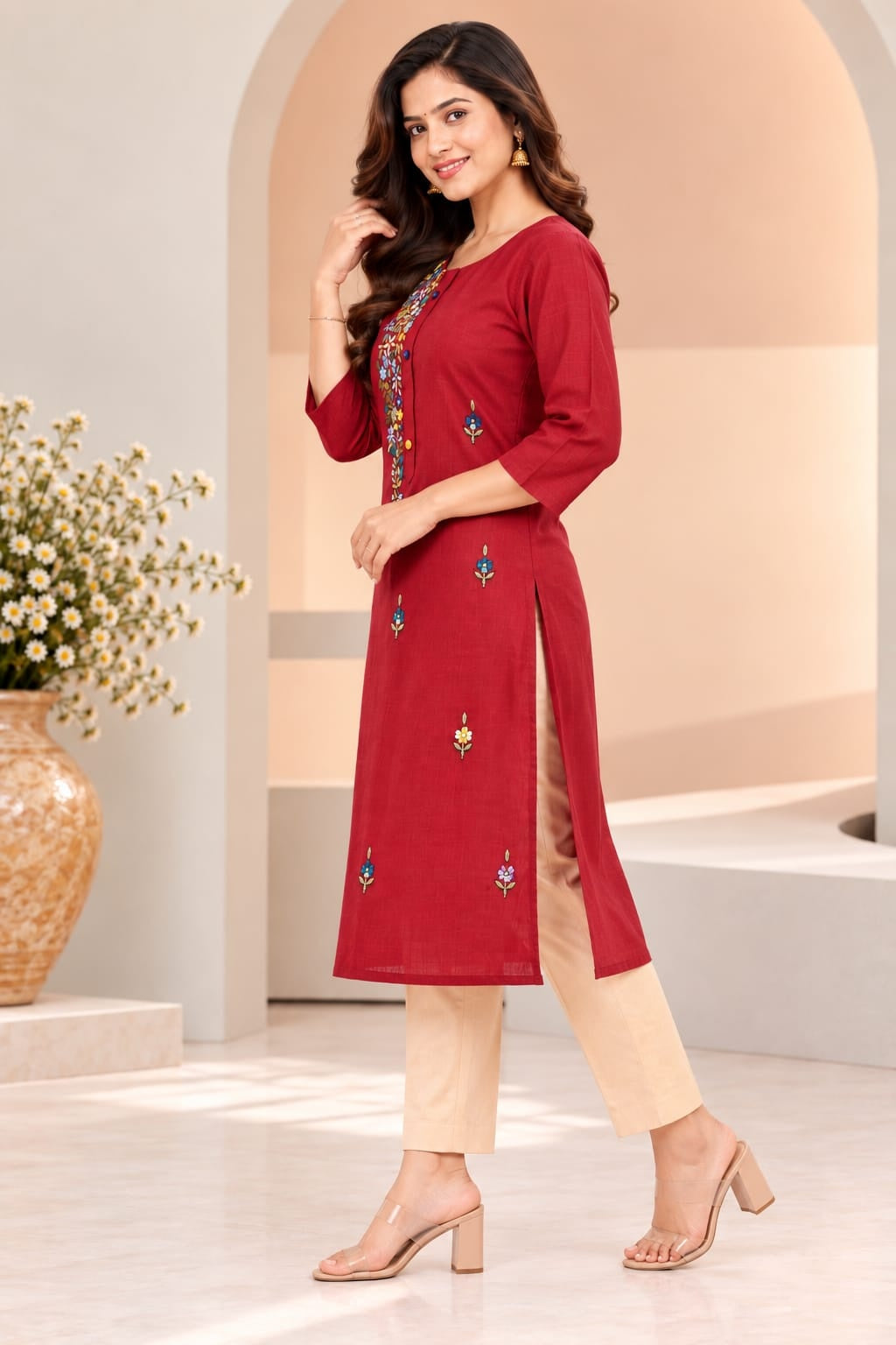 Women's Red Threadwork Kurti
