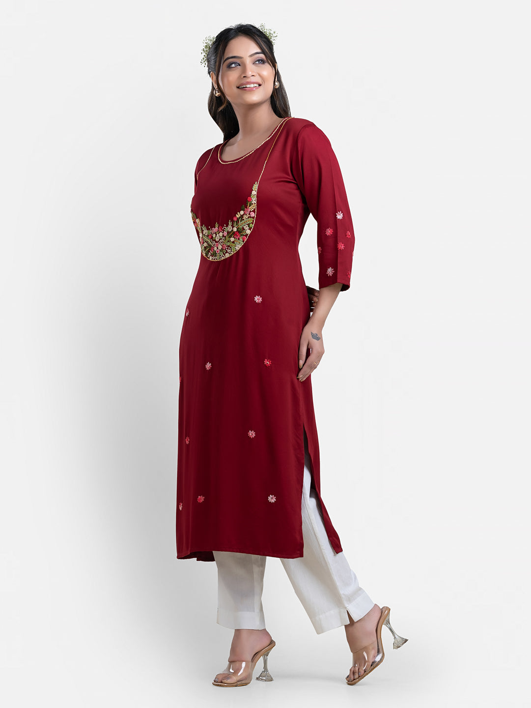 Women's 3/4th Sleeves Thread Work Maroon Kurti
