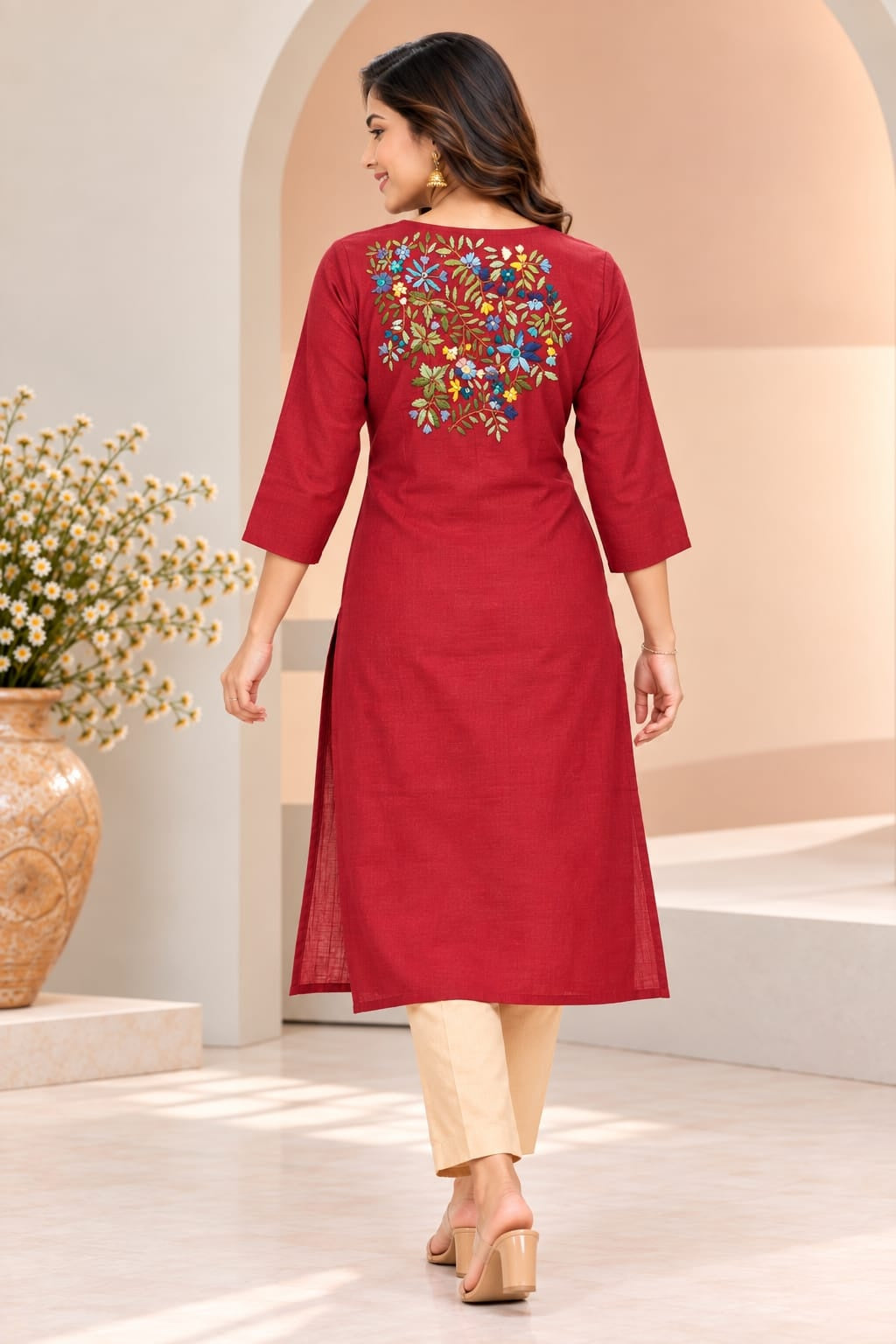 Women's Red Threadwork Kurti
