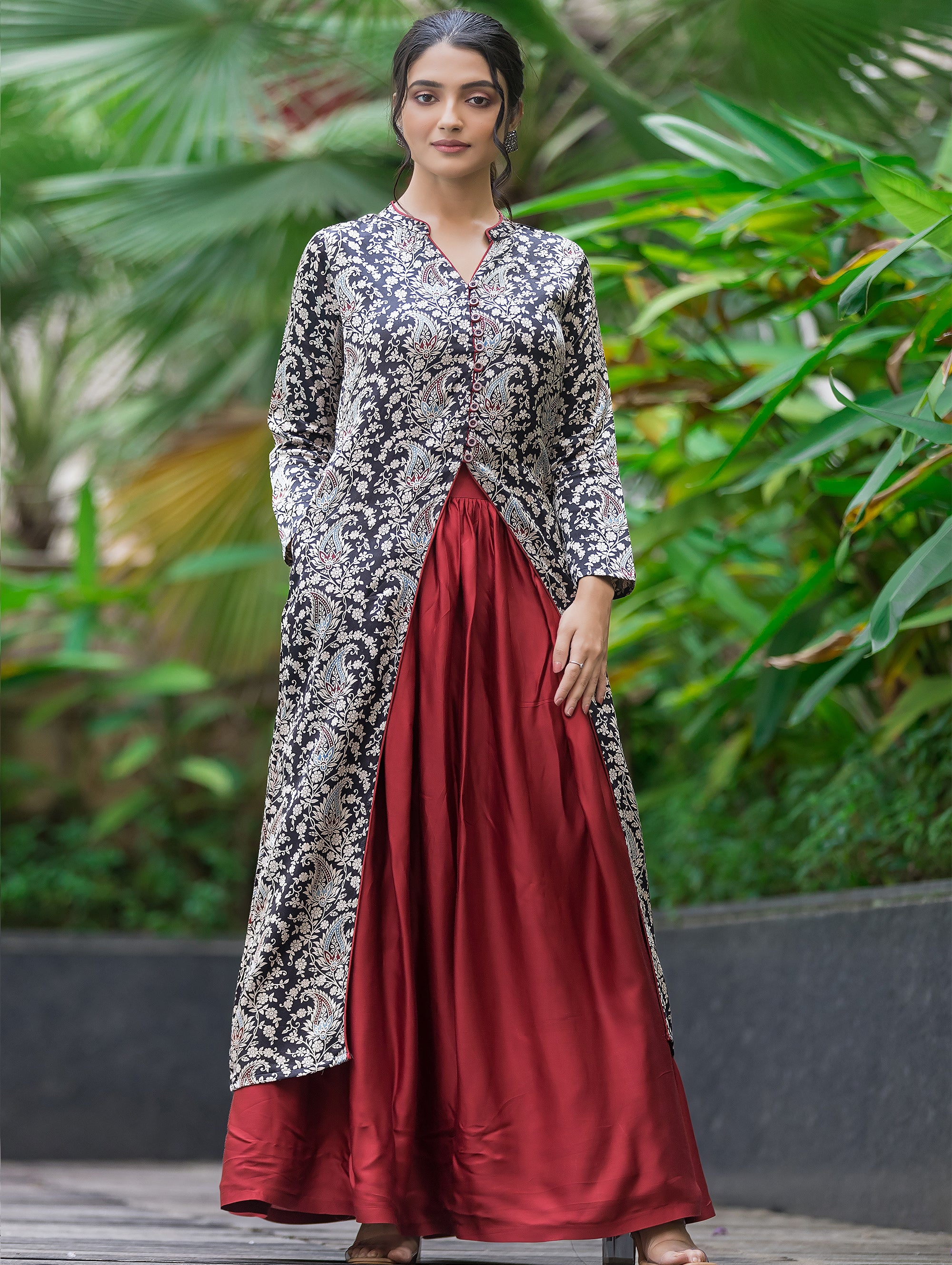 Women's Black Silk Kurti With Maroon Flared Skirt