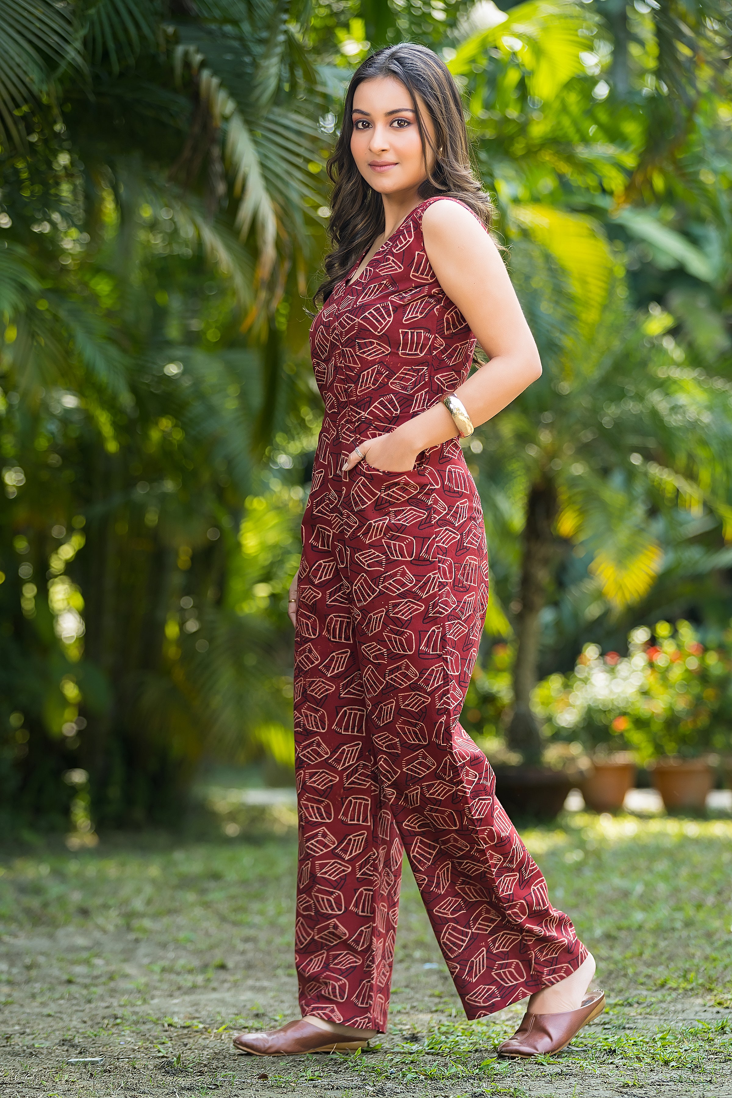 Women's Maroon Ajrakh Cotton Jumpsuit