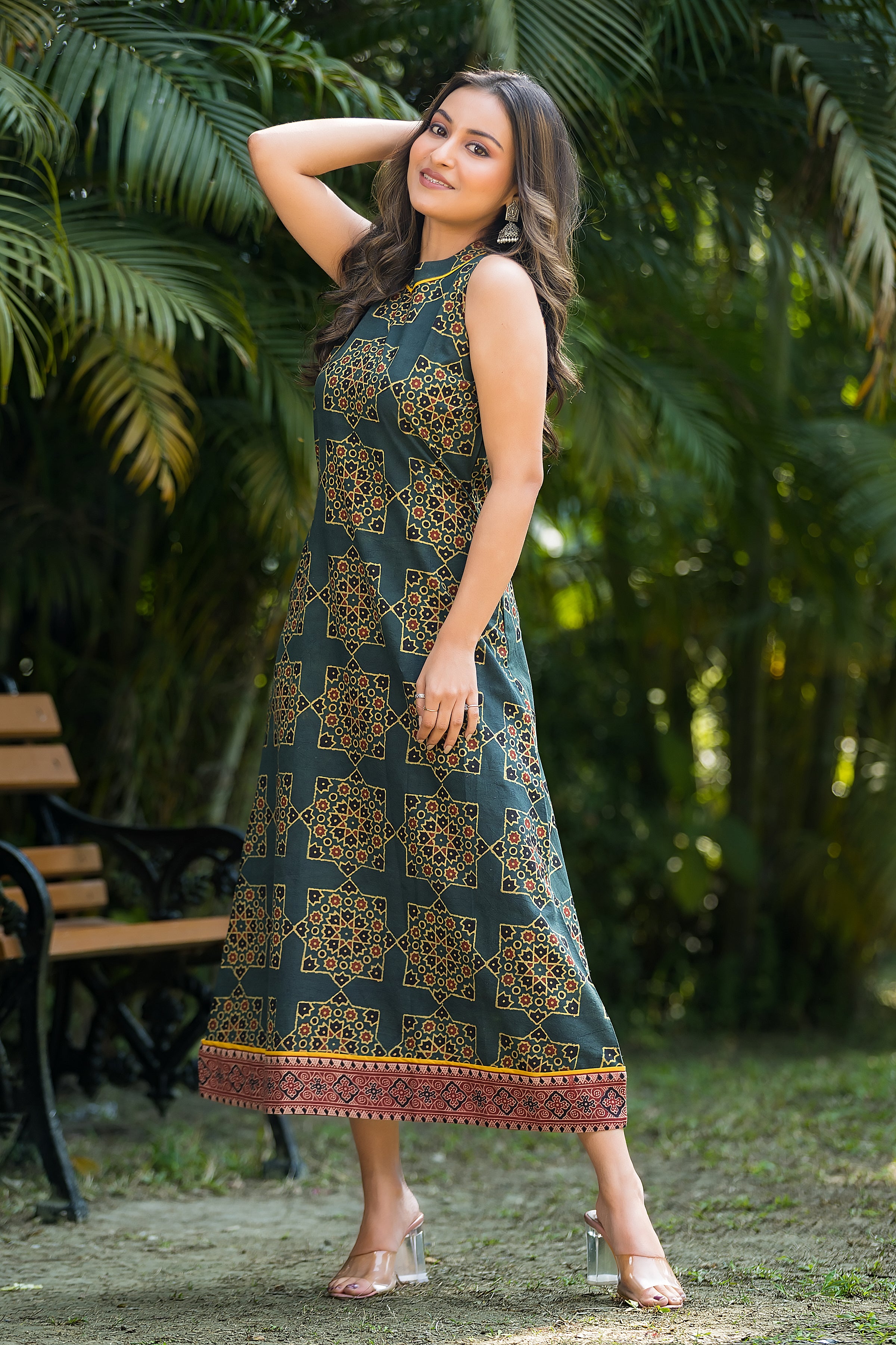 Women's Green Ajrakh Handblock Dress