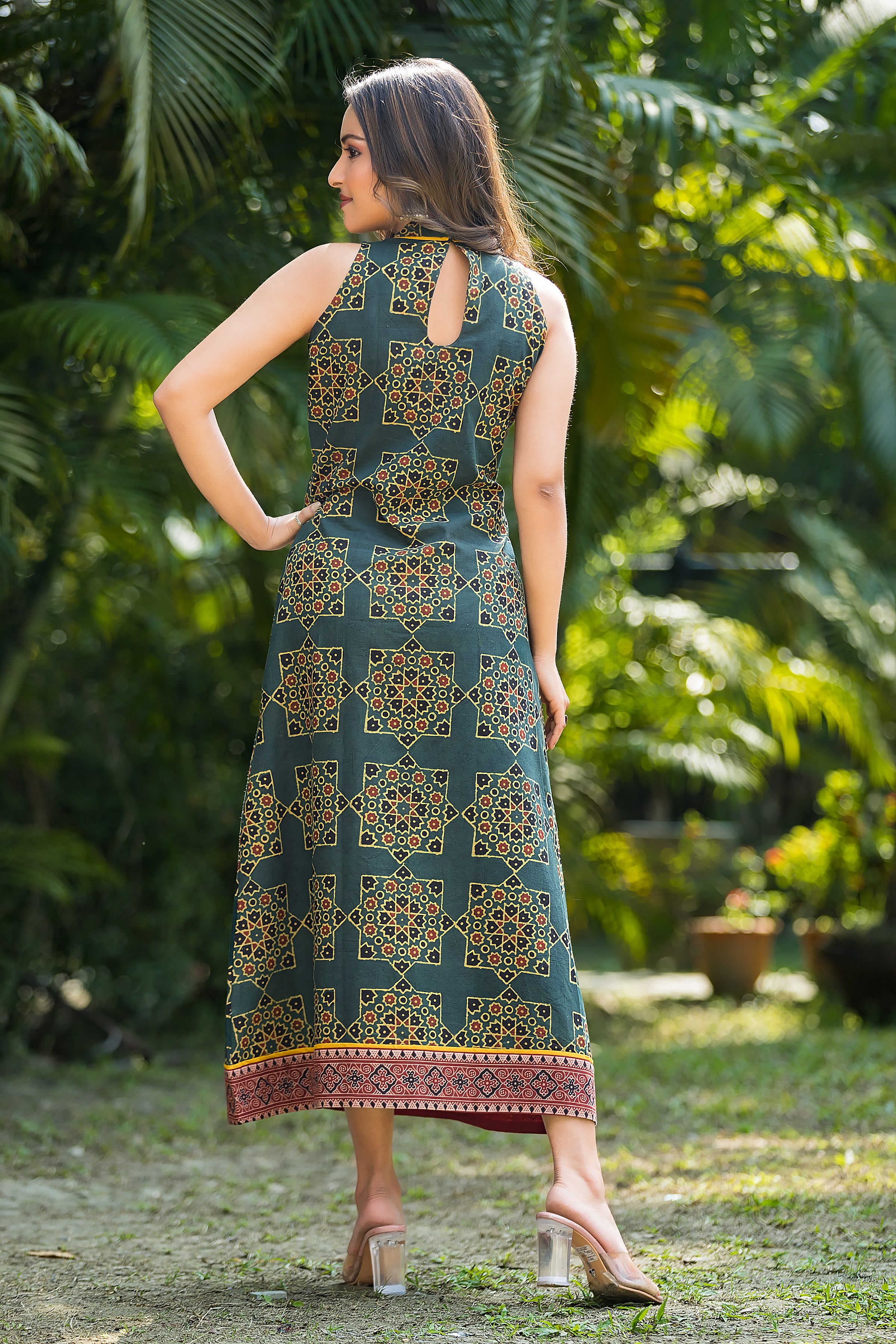 Women's Green Ajrakh Handblock Dress