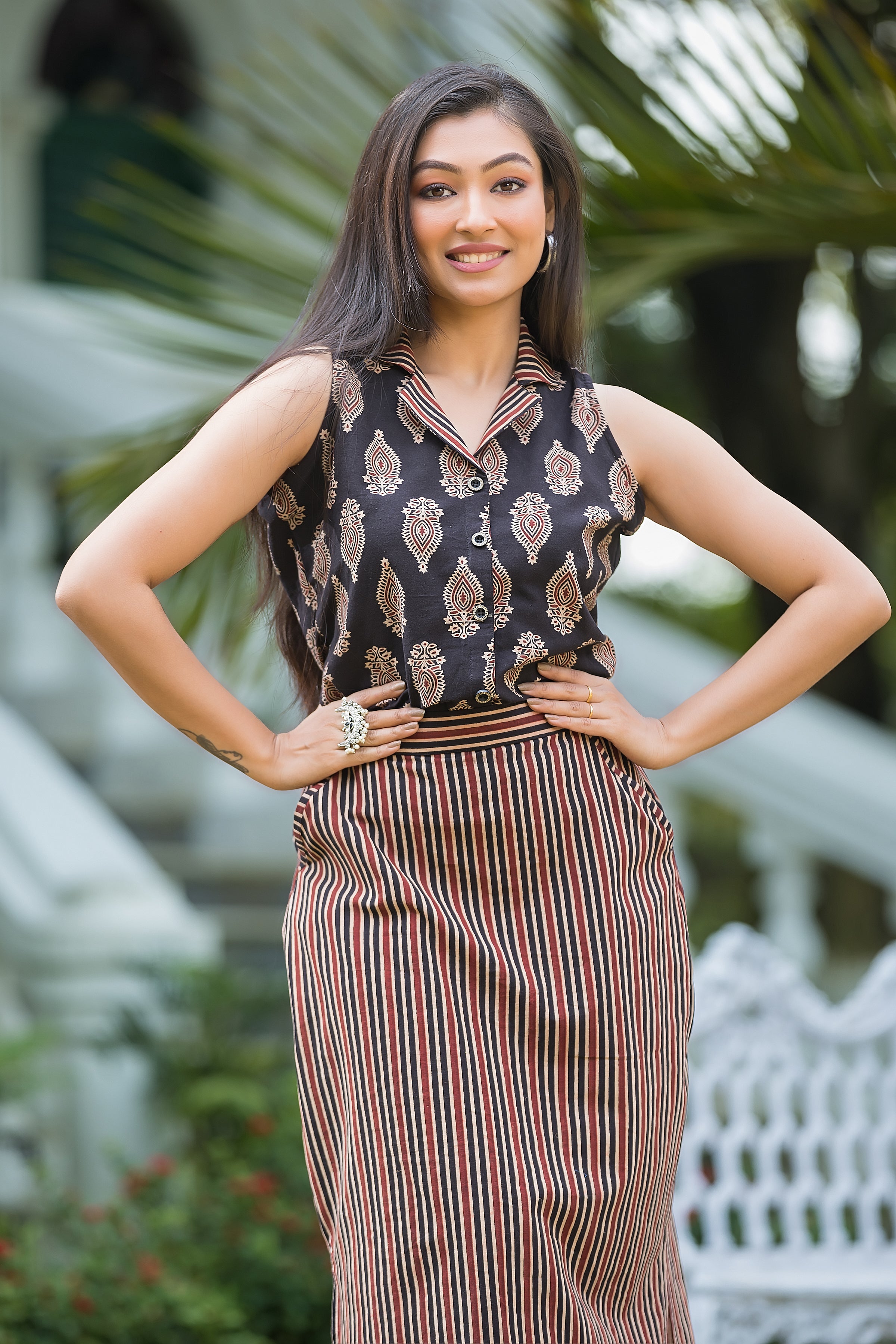 Women's Cotton Black Top With Pencil Skirt