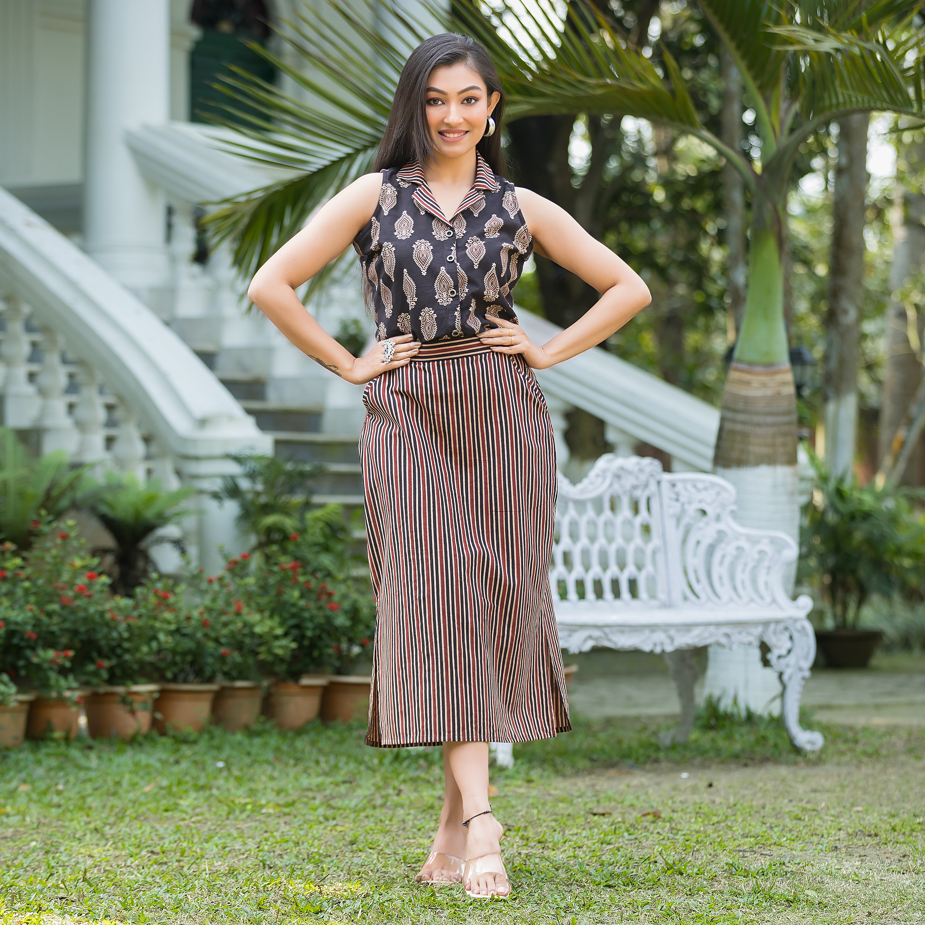 Women's Cotton Black Top With Pencil Skirt