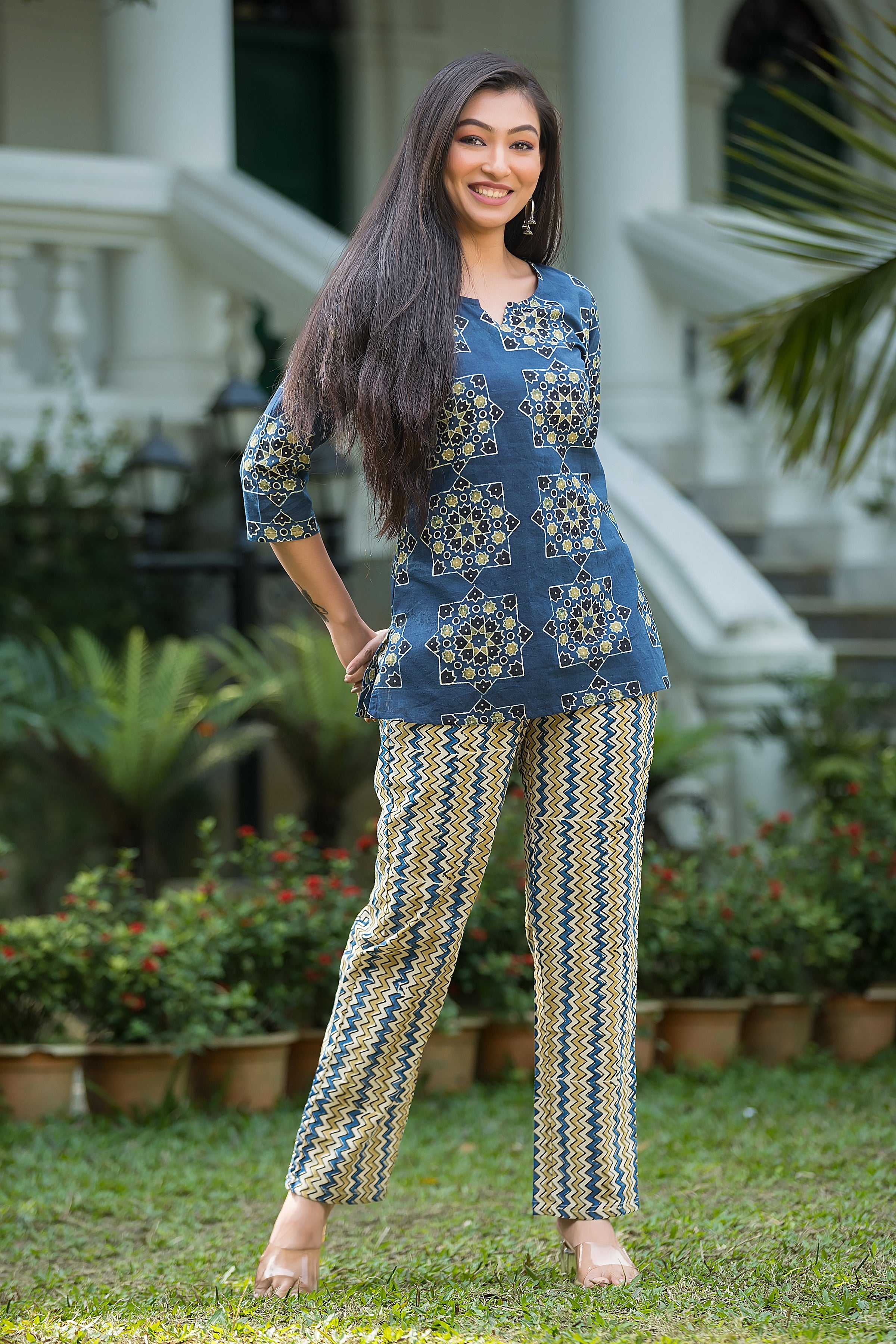 Women's Blue Ajrakh Top With Pant