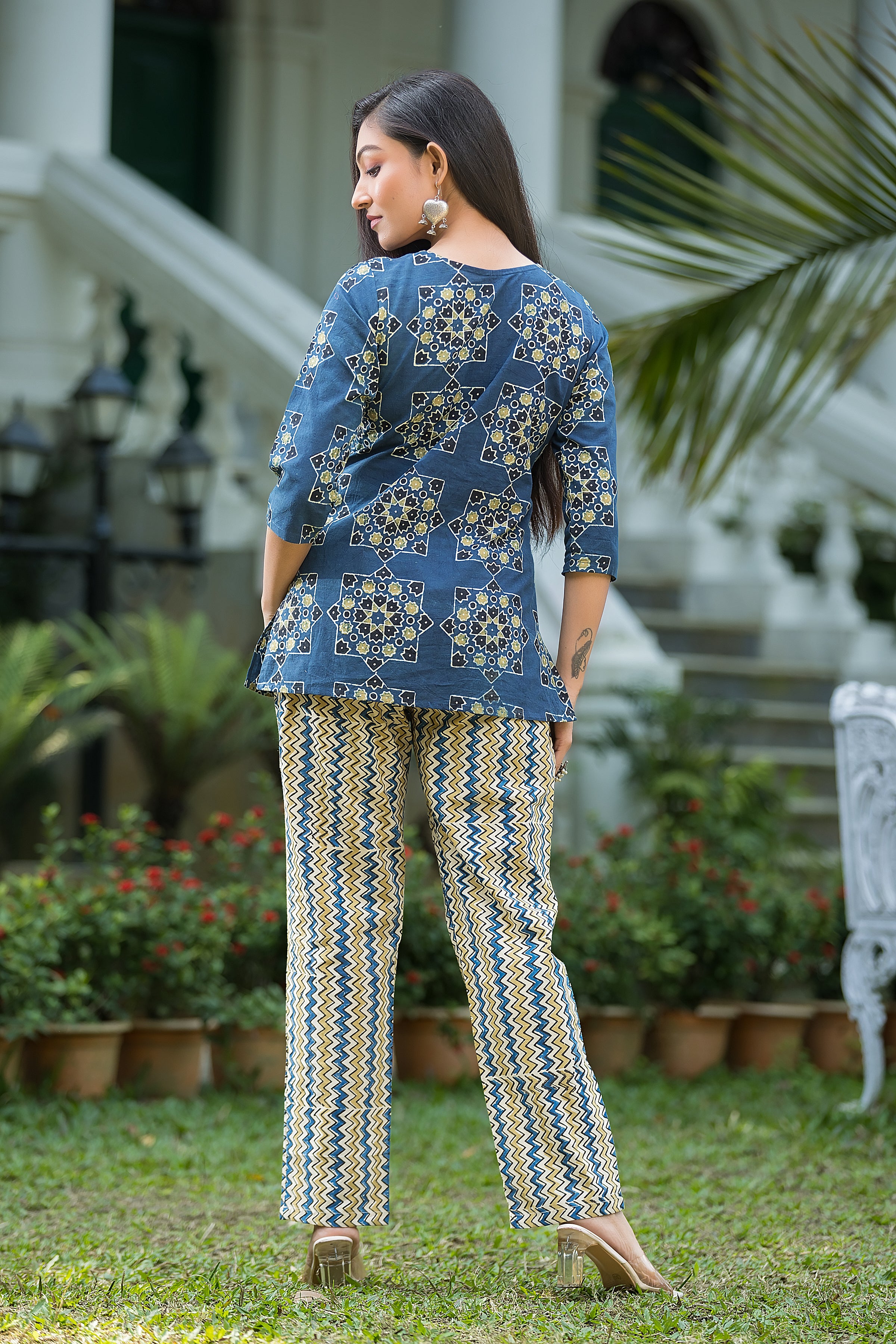 Women's Blue Ajrakh Top With Pant