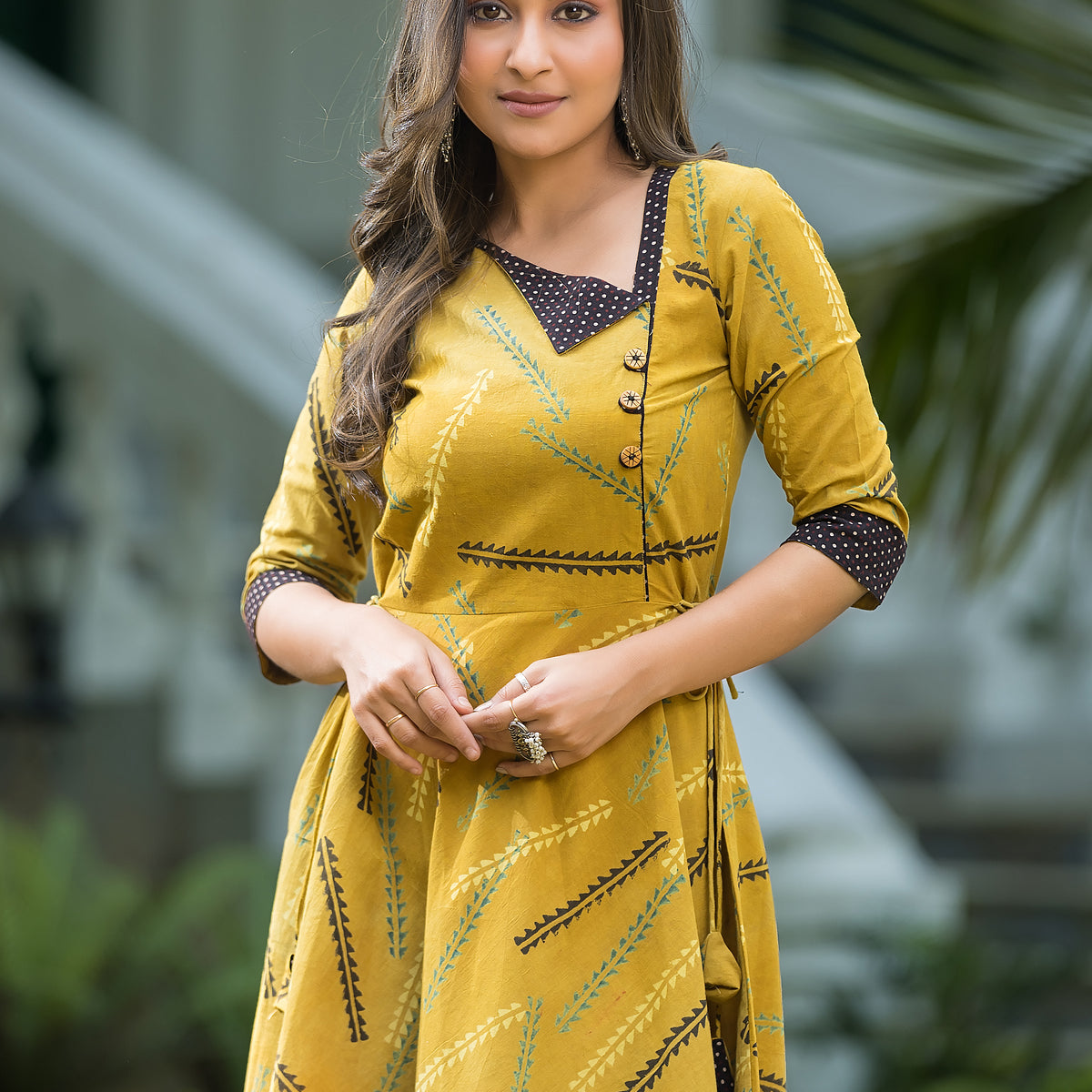 collar dress design Women's Cotton Reverse Collar Yellow Dress