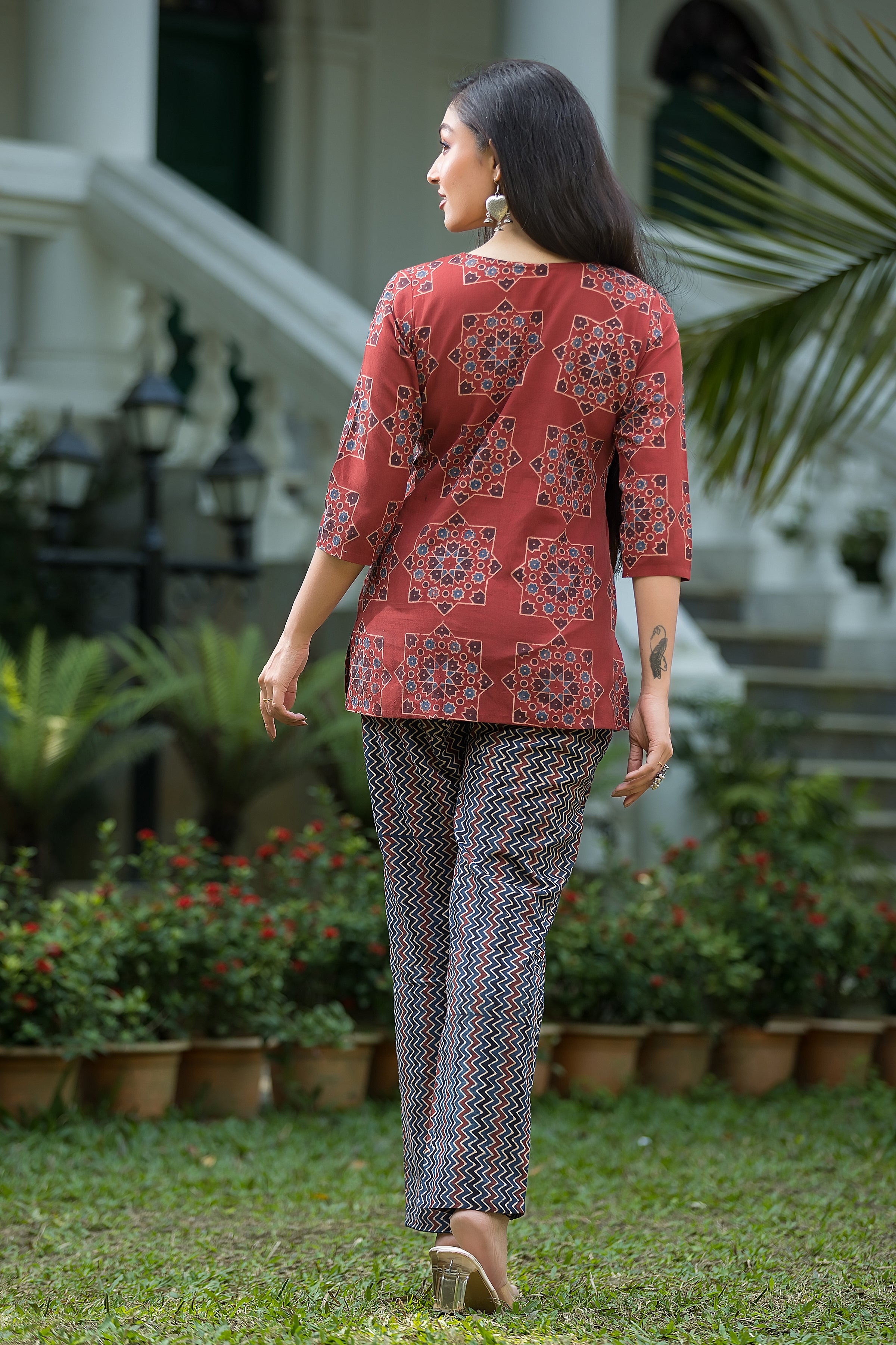 Women's Maroon Ajrakh Top With Pant