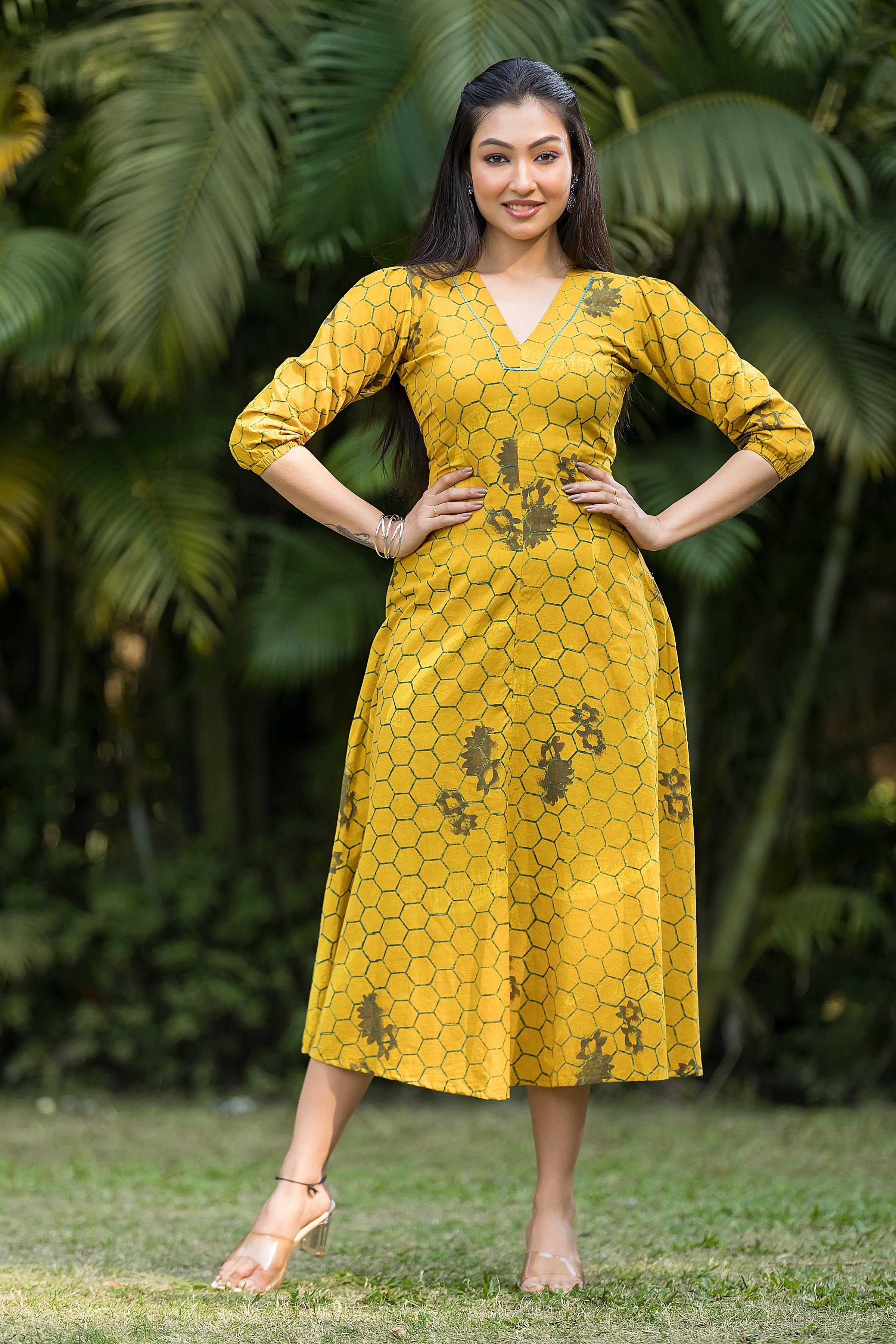 Women's Yellow Handblock Dress