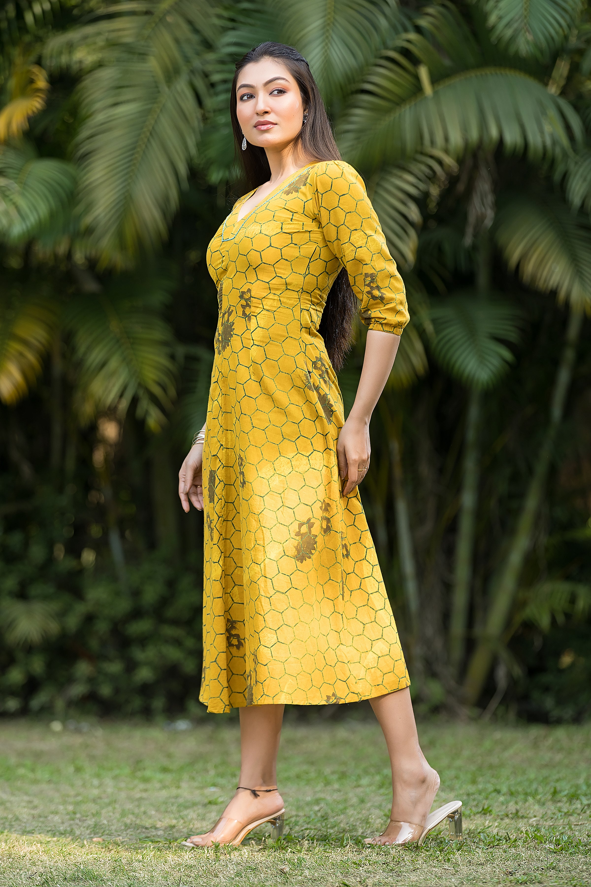 Women's Yellow Handblock Dress