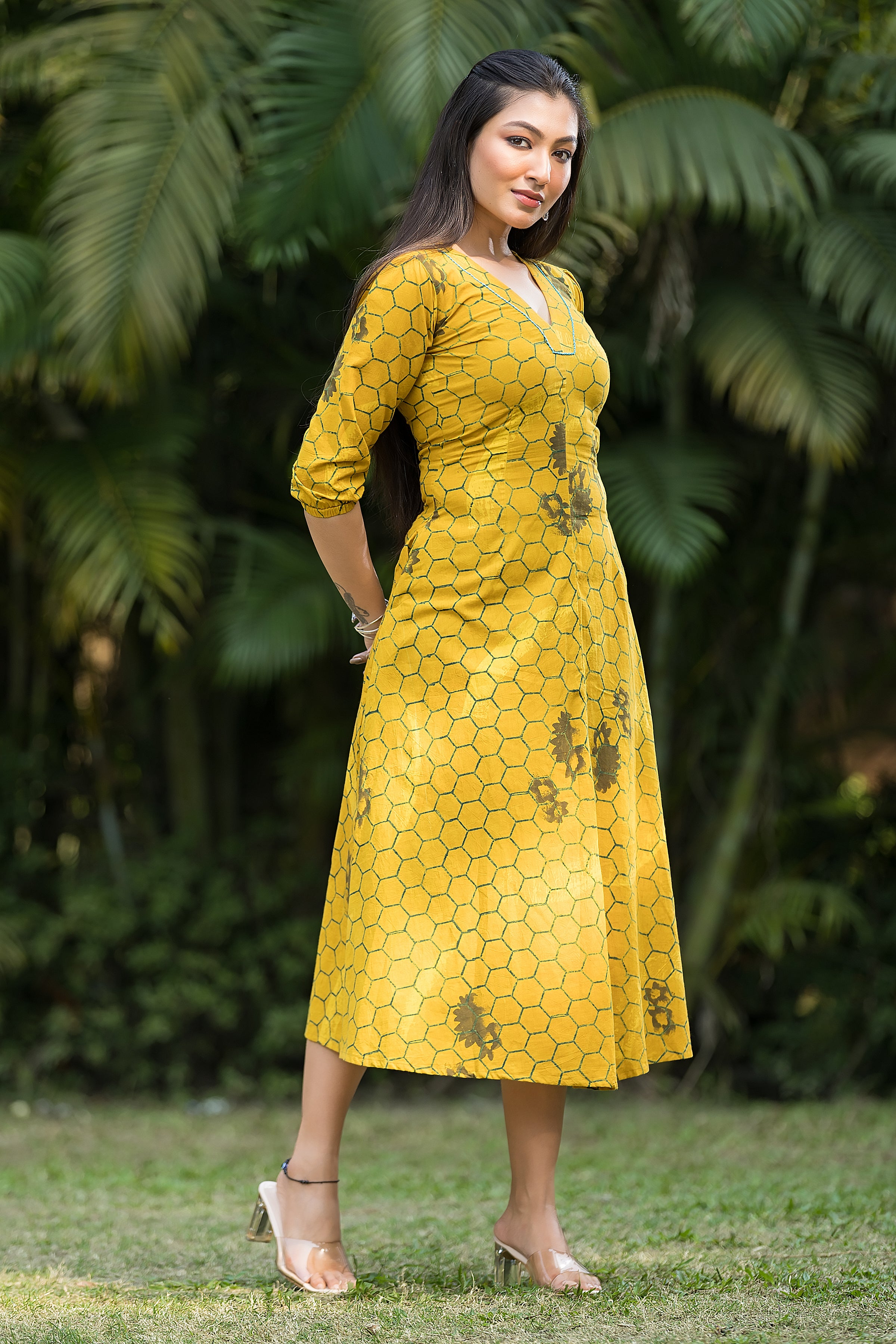 Women's Yellow Handblock Dress