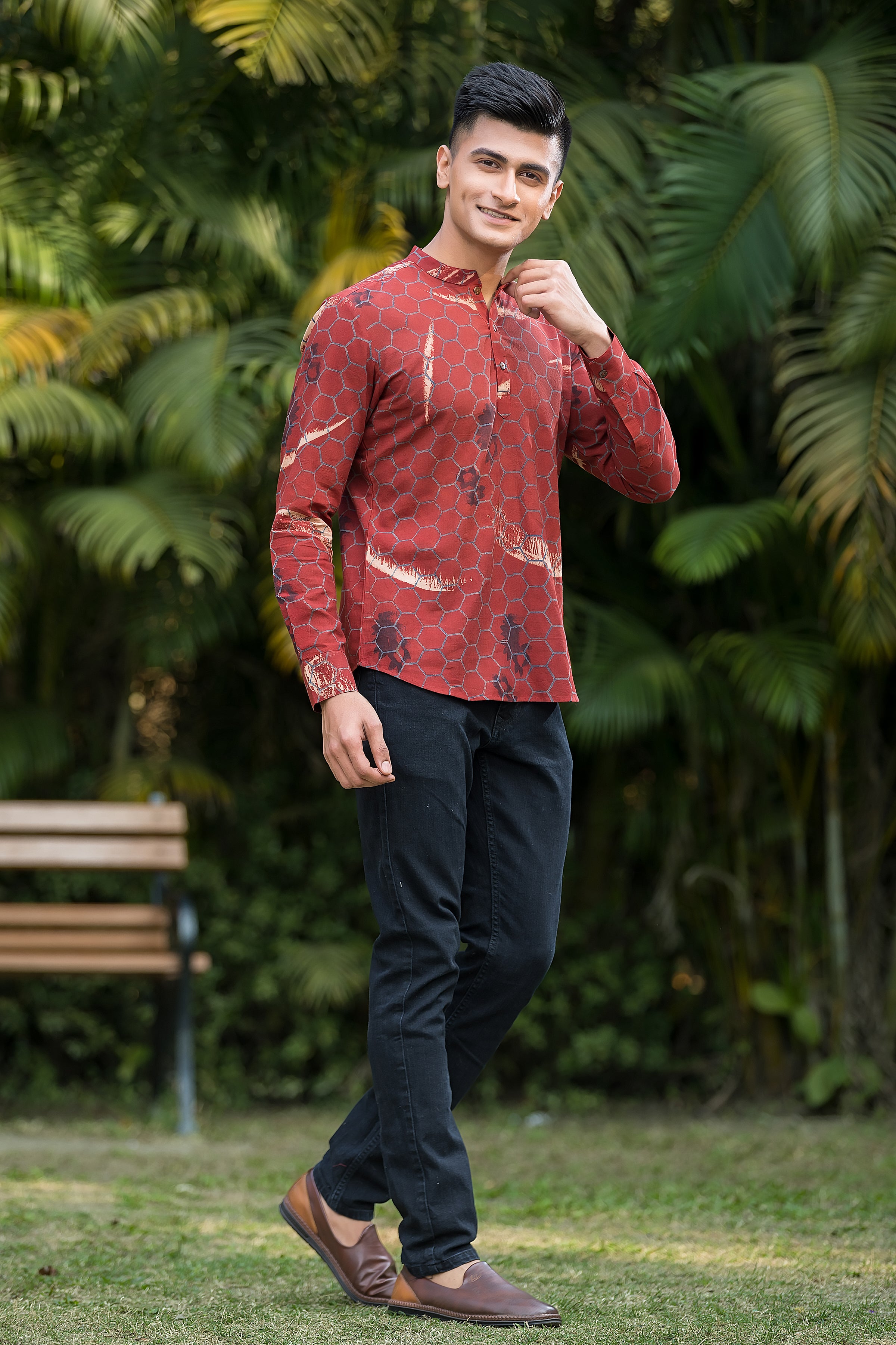 Men's Maroon Band Collar Kurta
