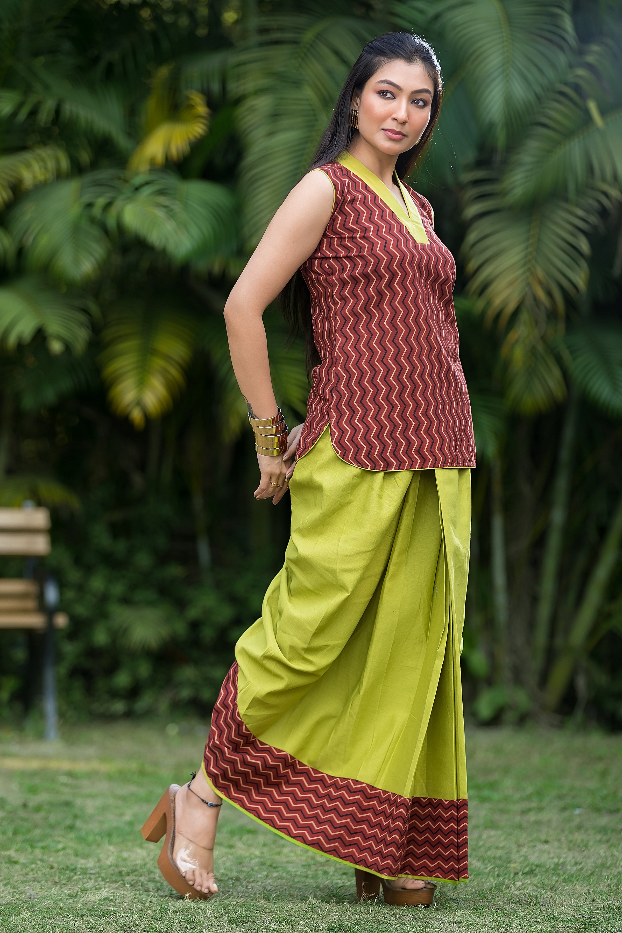 Women's Lime Green Dhoti With Ajrakh Print Top
