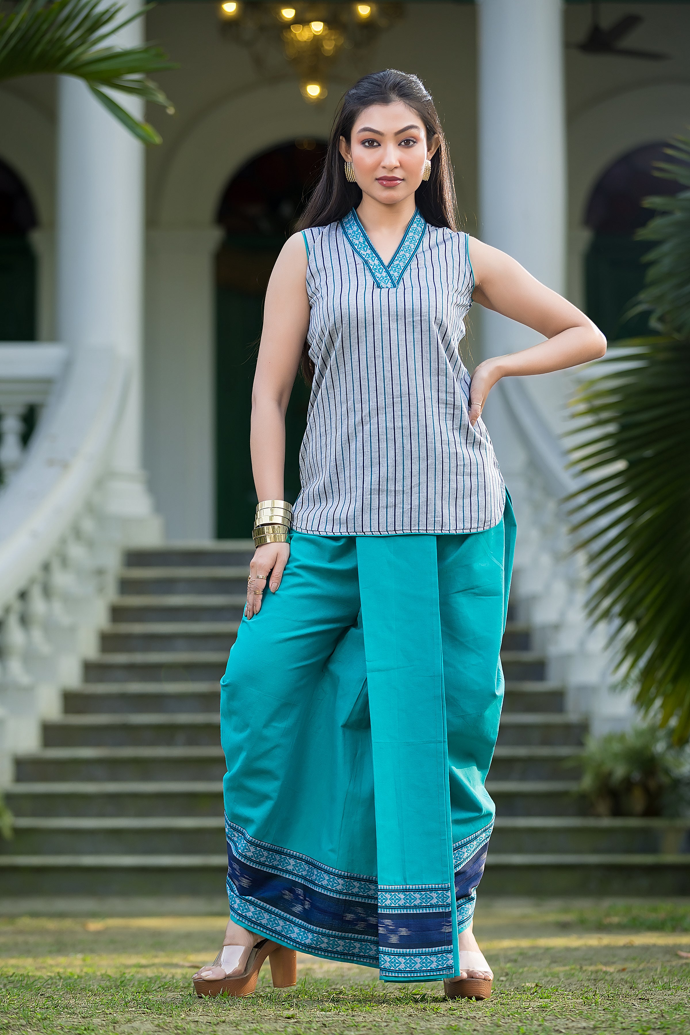 Coral Green Dhonekhali Wrapped Dhoti Co-ord Set