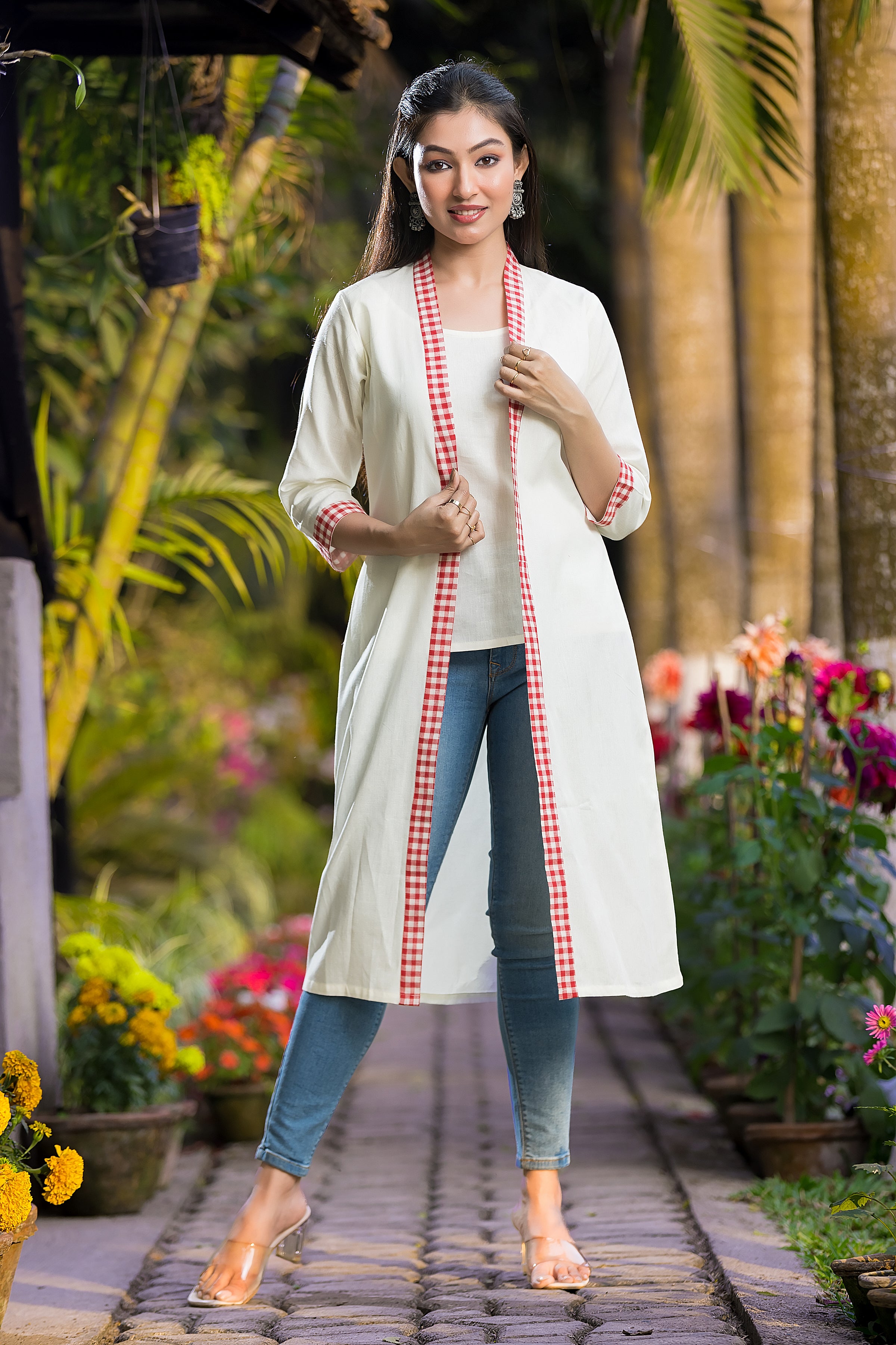 Long White Cotton Shrug with Calf Length Red Checks