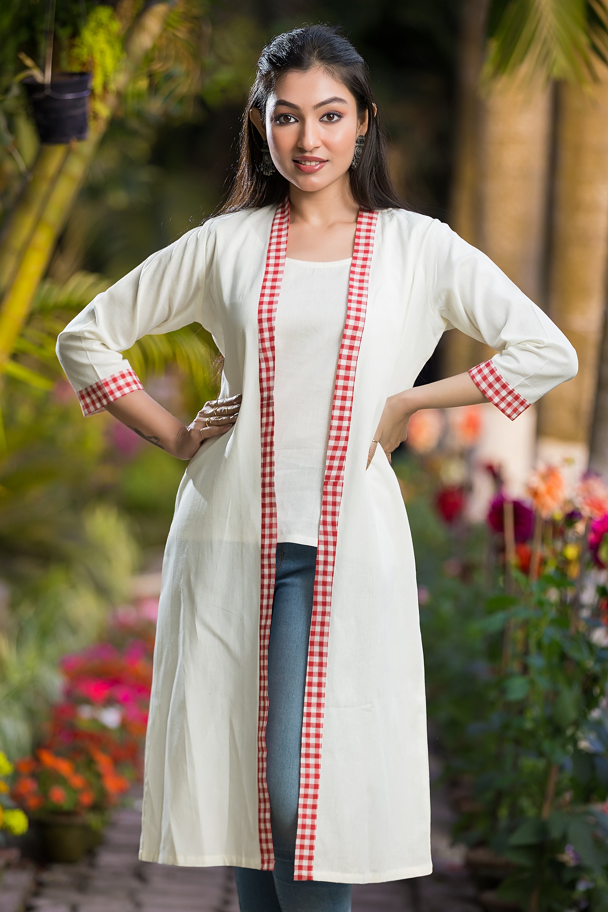 Long White Cotton Shrug with Calf Length Red Checks