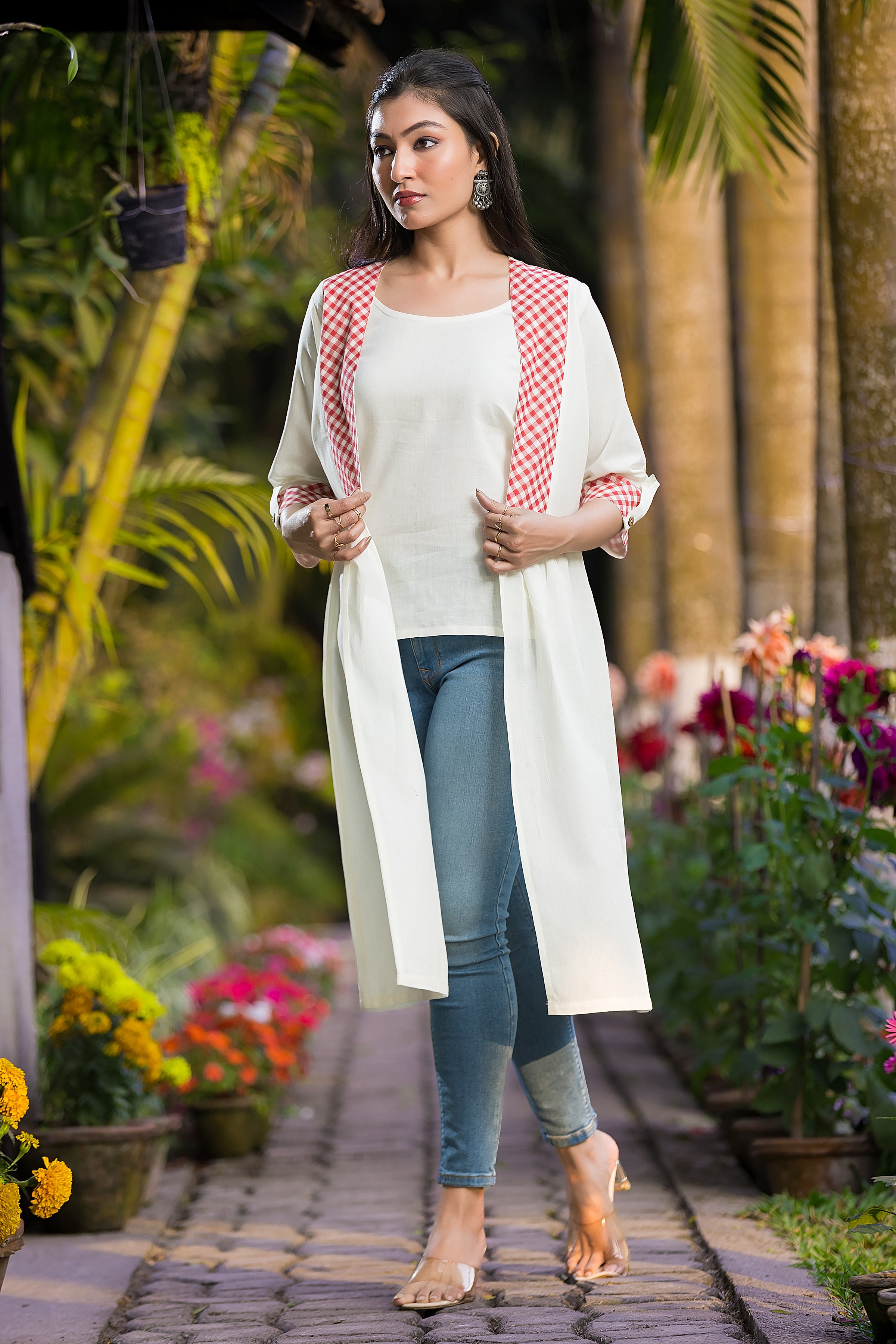 Long White Cotton Shrug with Half Red Checks