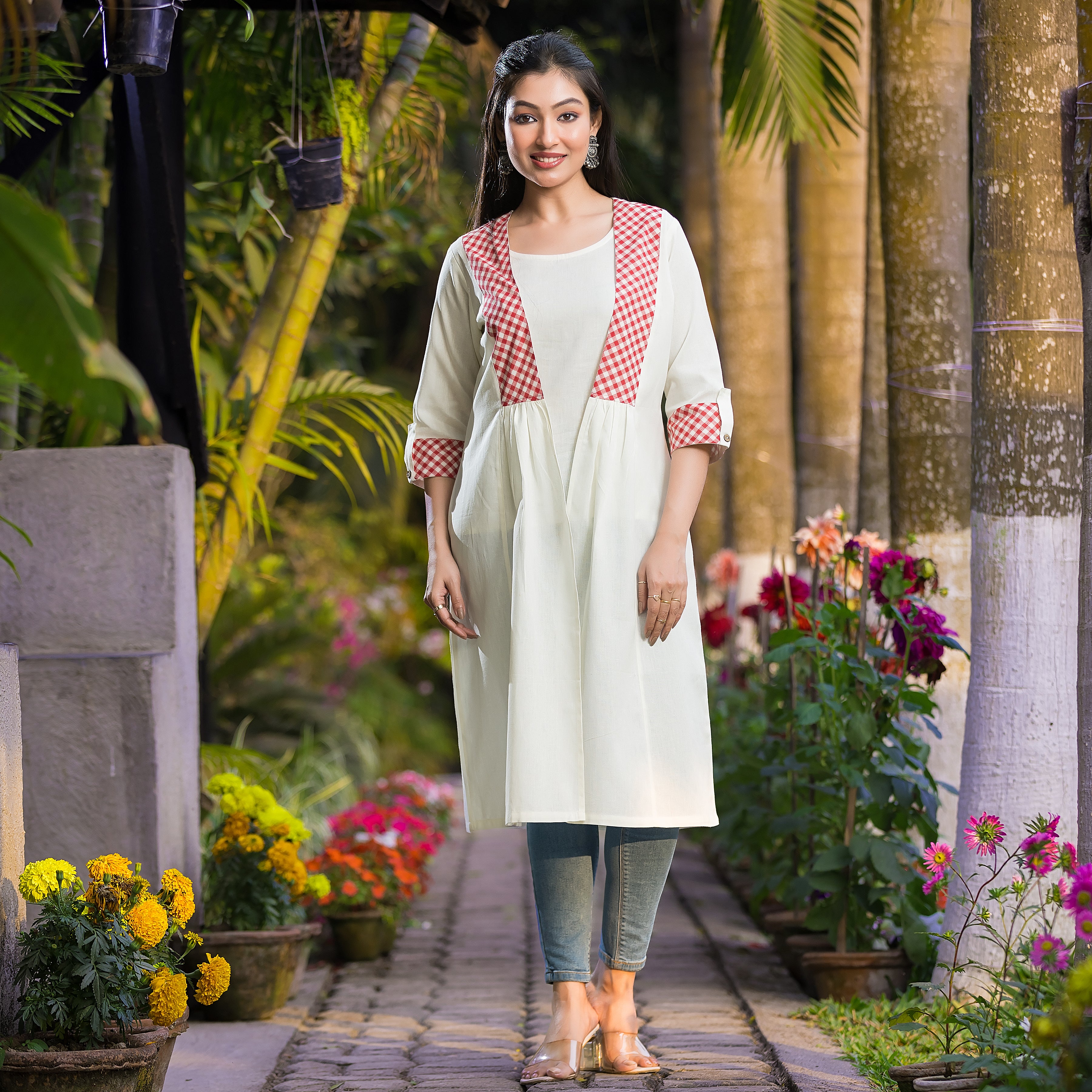 Long White Cotton Shrug with Half Red Checks