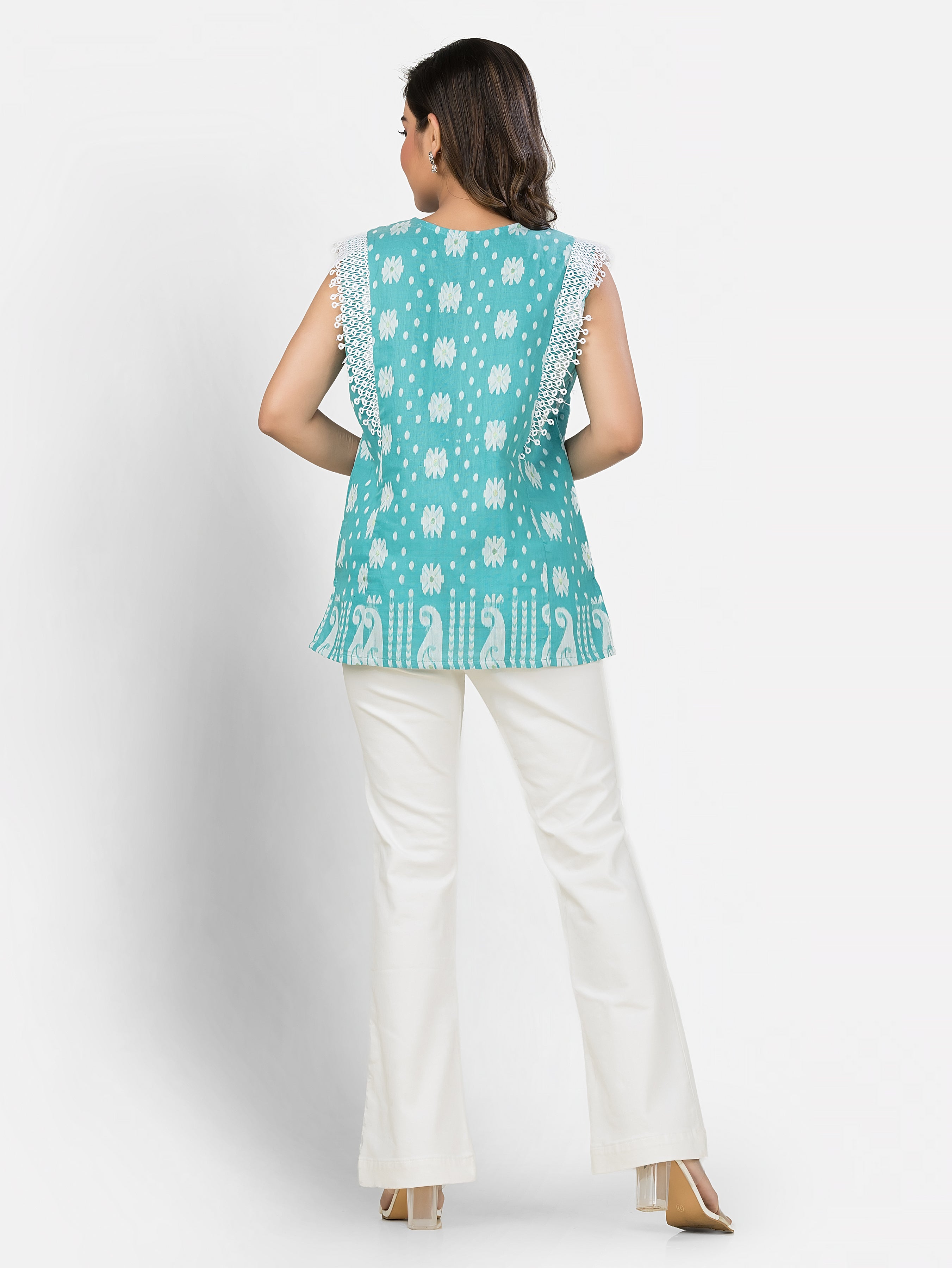 Turquoise Blue Cotton Jamdani Top with Lace