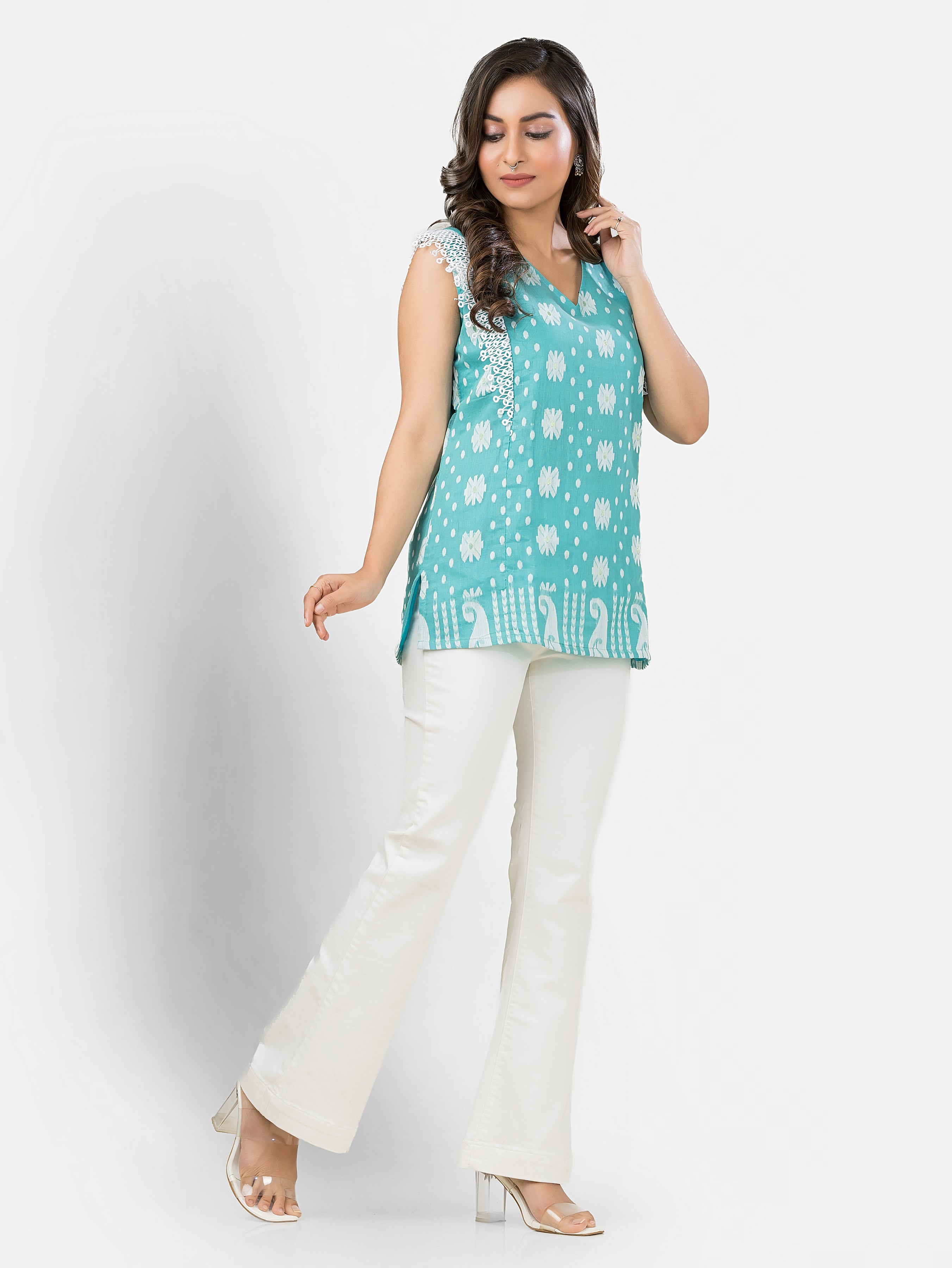 Turquoise Blue Cotton Jamdani Top with Lace