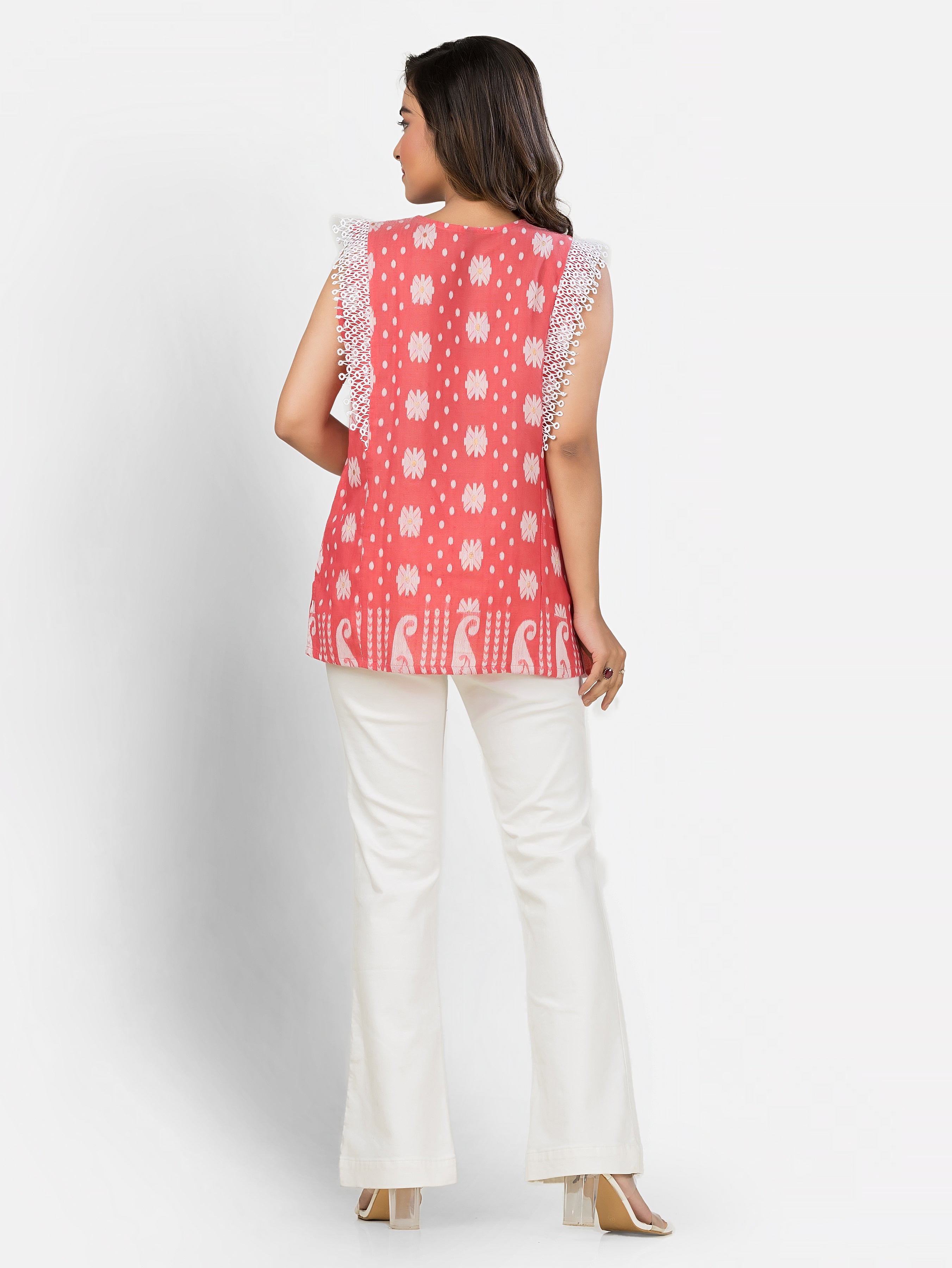 Pink Cotton Jamdani Top with Lace