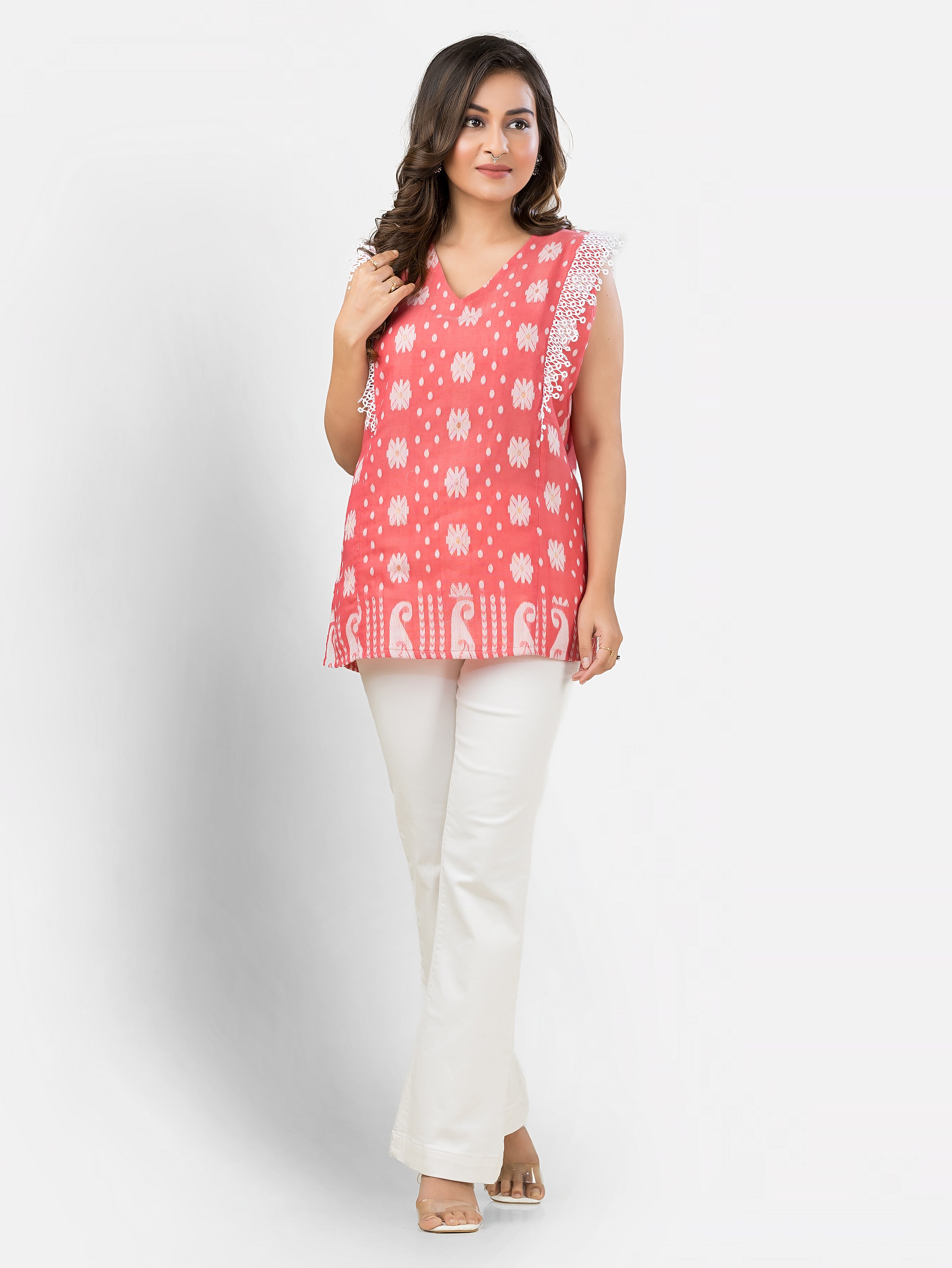 Pink Cotton Jamdani Top with Lace