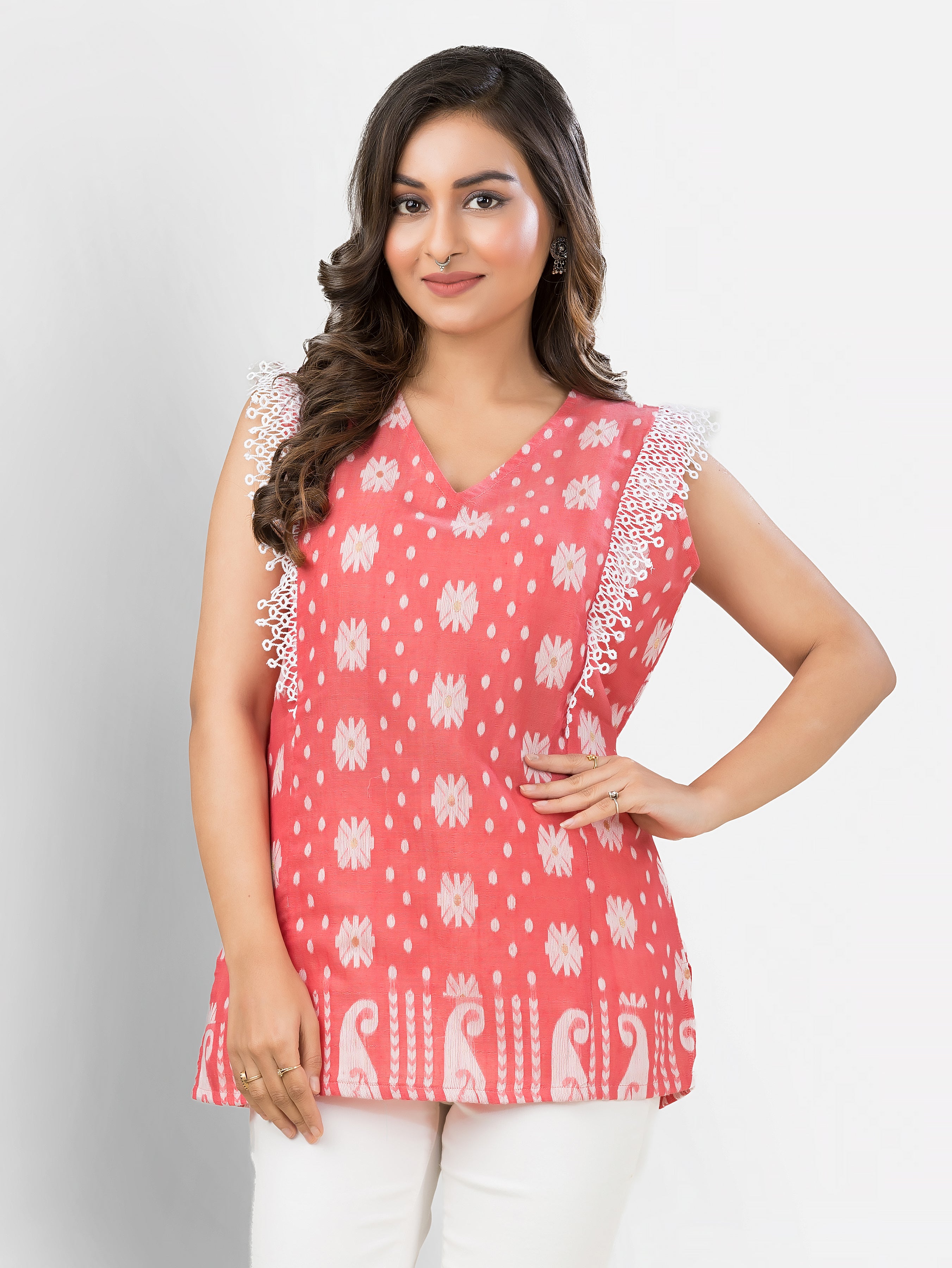 Pink Cotton Jamdani Top with Lace