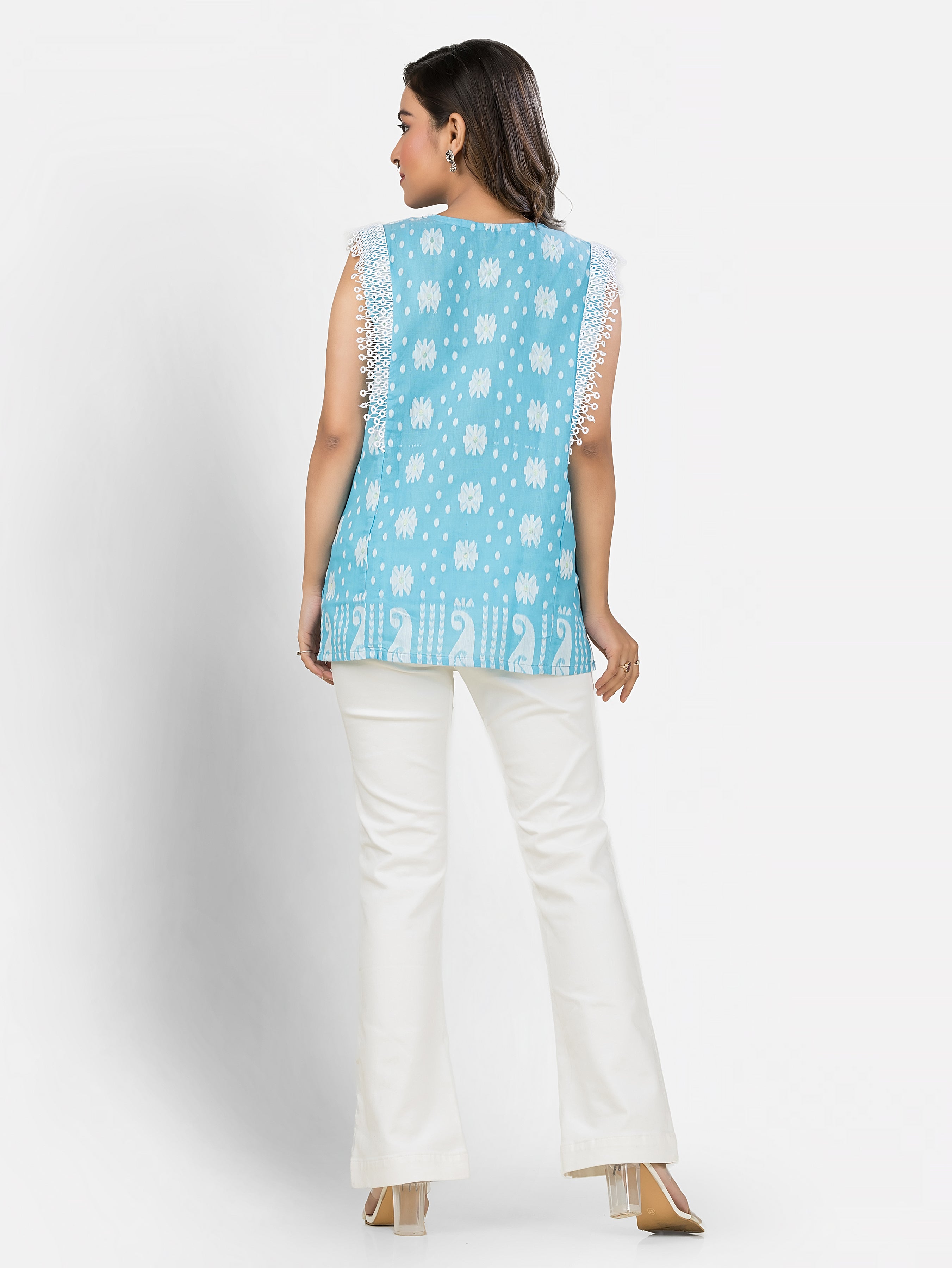 Sky Blue Cotton Jamdani Top with Lace