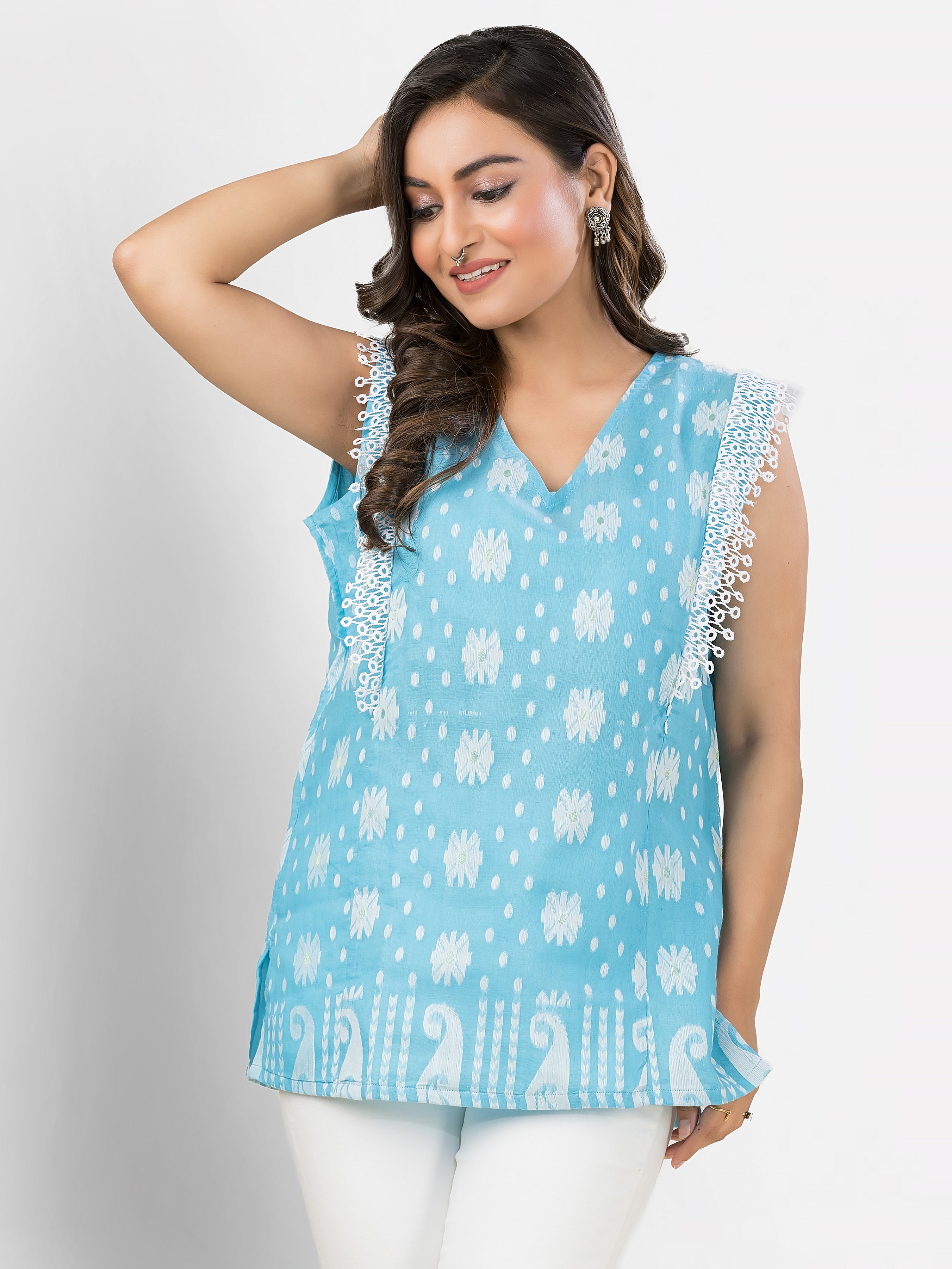 Sky Blue Cotton Jamdani Top with Lace
