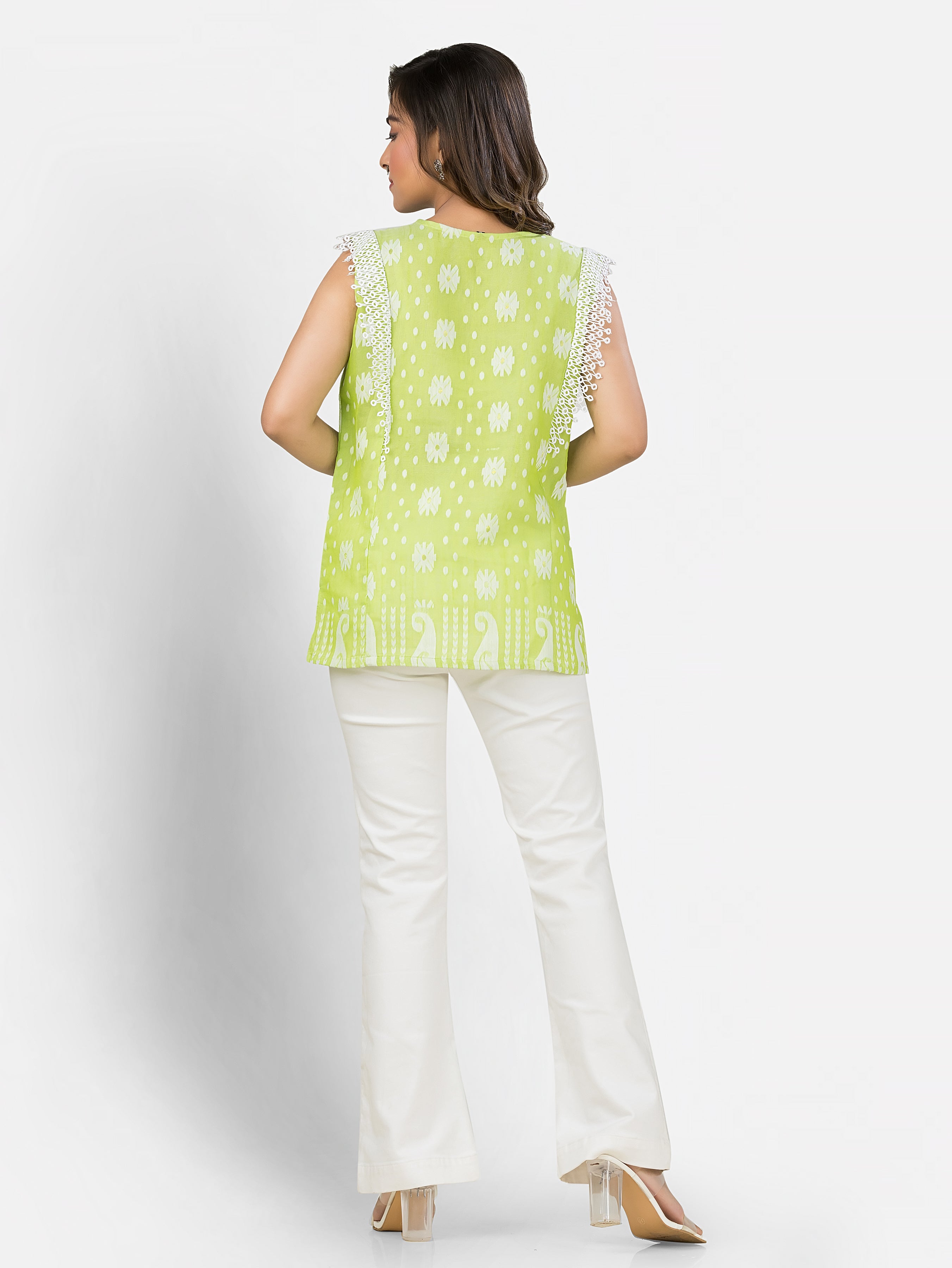 Neon Green Cotton Jamdani Top with Lace