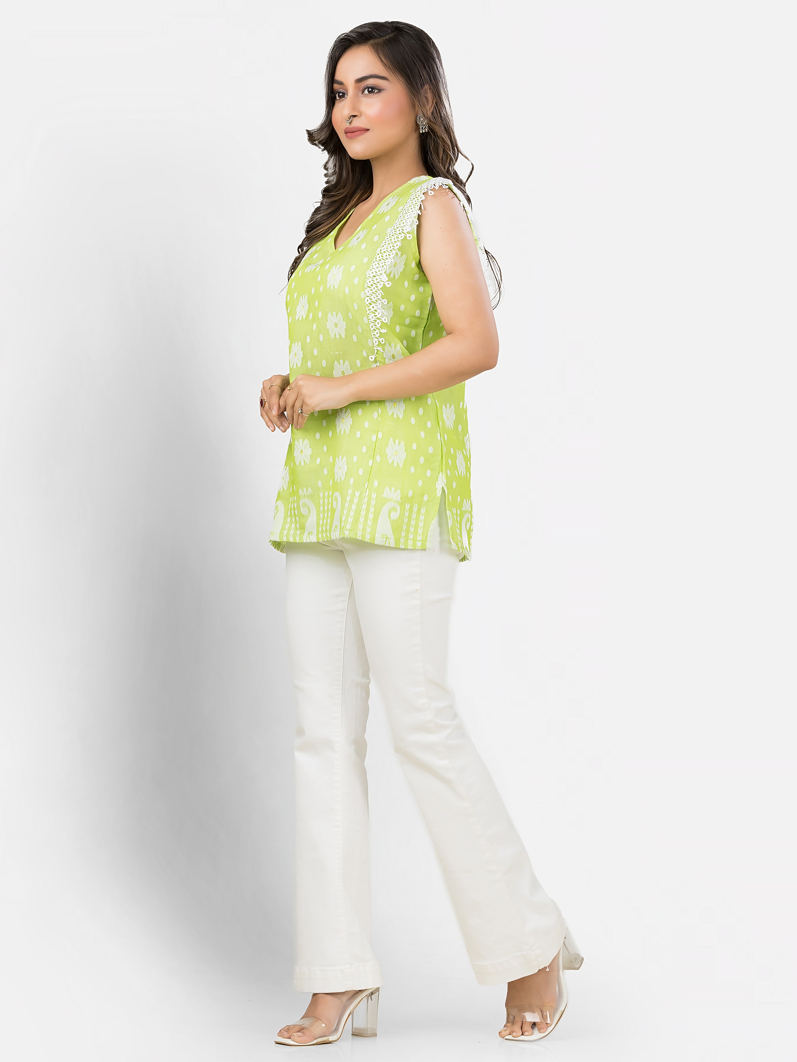 Neon Green Cotton Jamdani Top with Lace