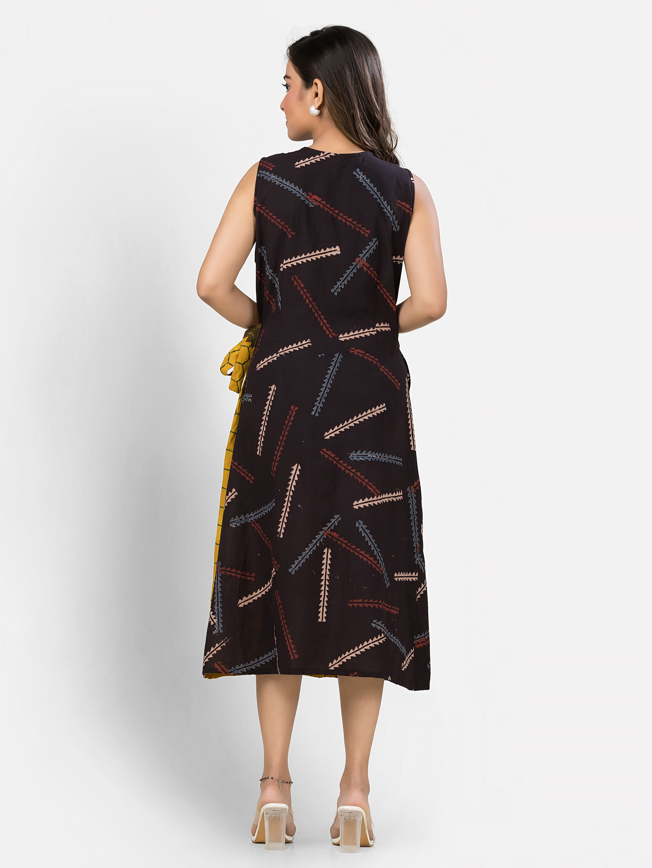 Women's Cotton Yellow Black Wrapper Dress